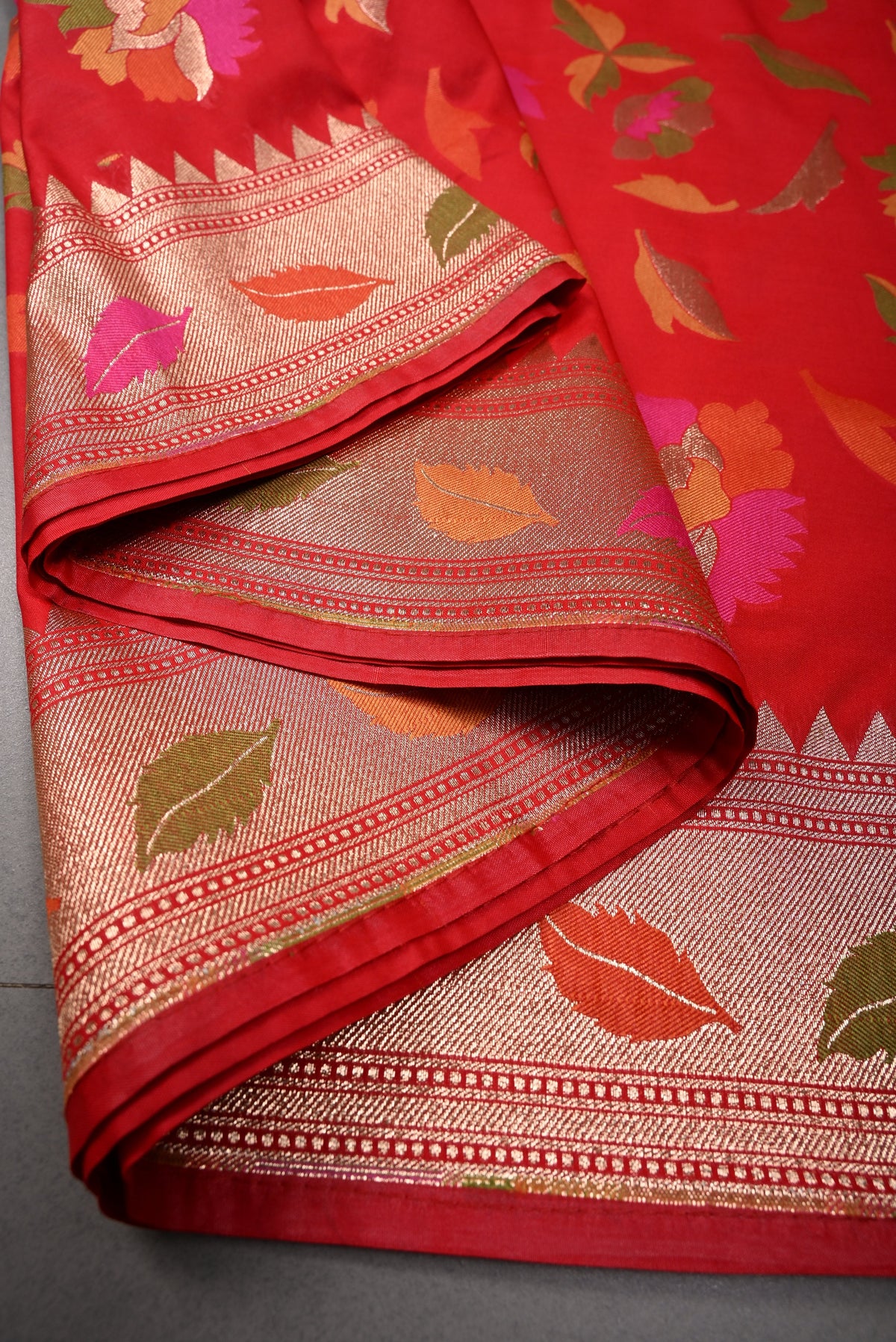 Blood Red Meenakari Floral-Leafs on Semi Silk Saree with Zari Border | SHOBITAM