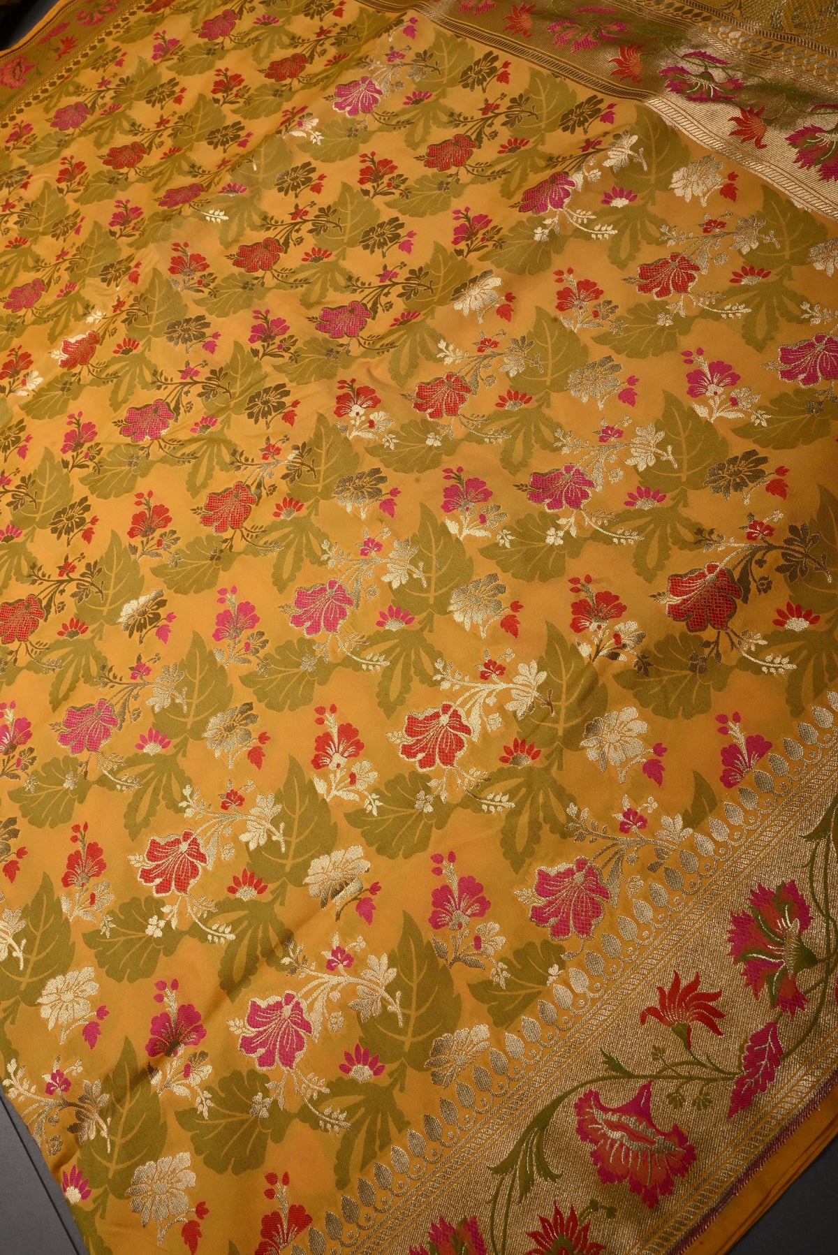 Mustard Yellow Semi Silk Saree with Meenakari Floral-Leaves Brocade and Zari Border | SHOBITAM