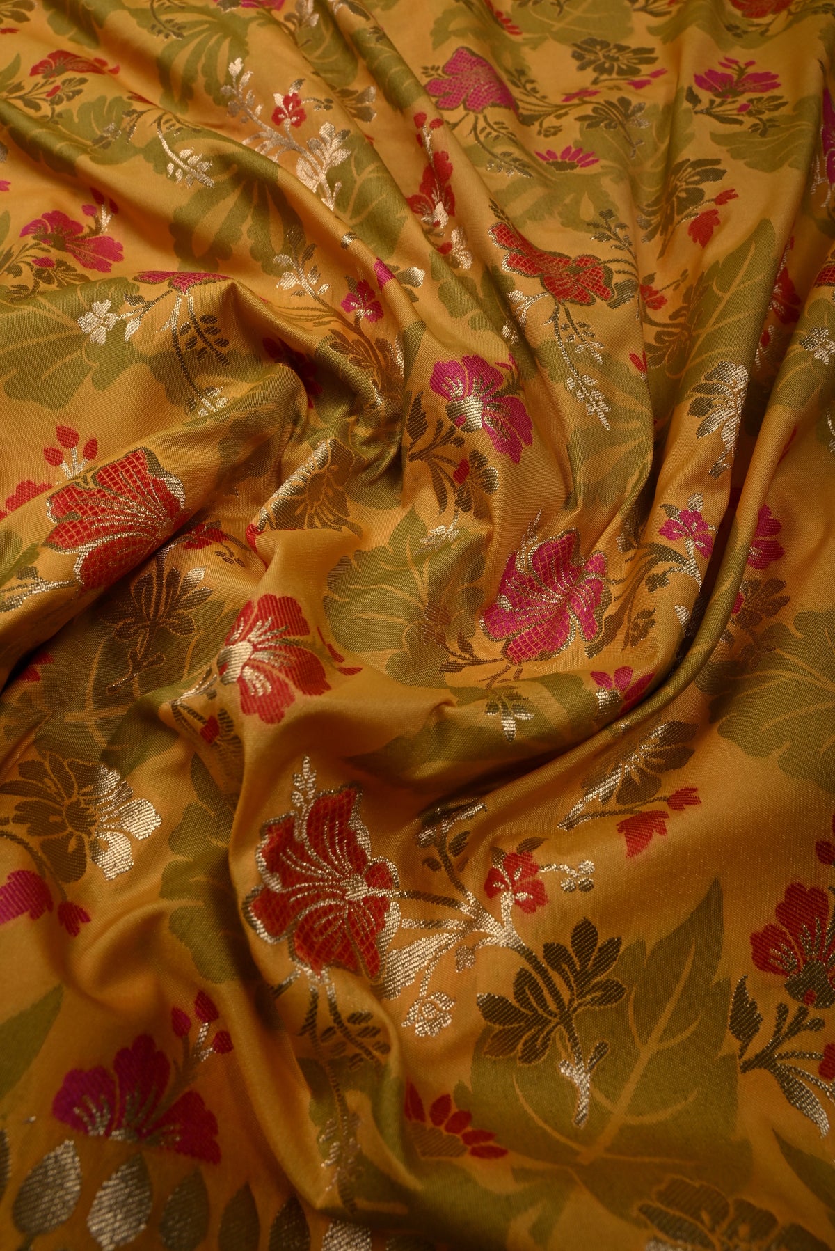 Mustard Yellow Semi Silk Saree with Meenakari Floral-Leaves Brocade and Zari Border | SHOBITAM