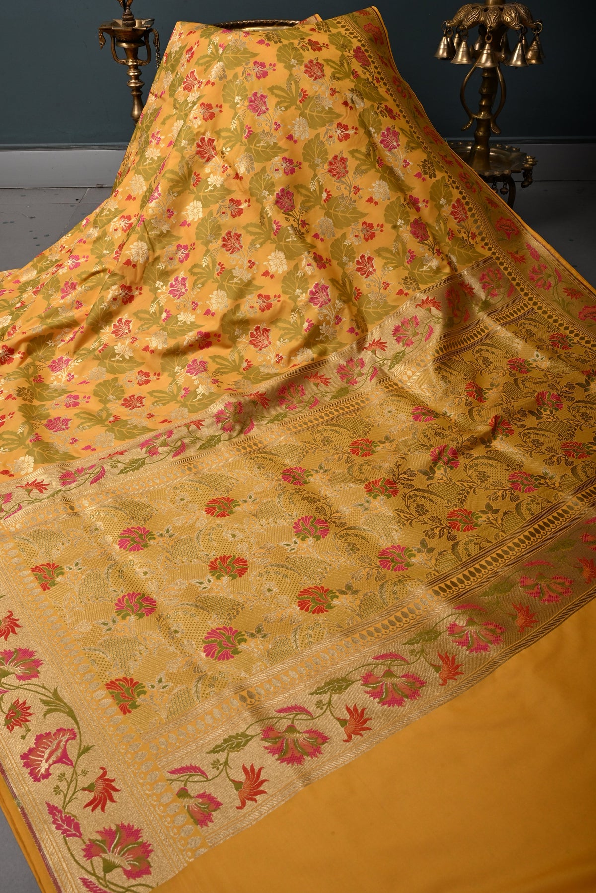 Mustard Yellow Semi Silk Saree with Meenakari Floral-Leaves Brocade and Zari Border | SHOBITAM