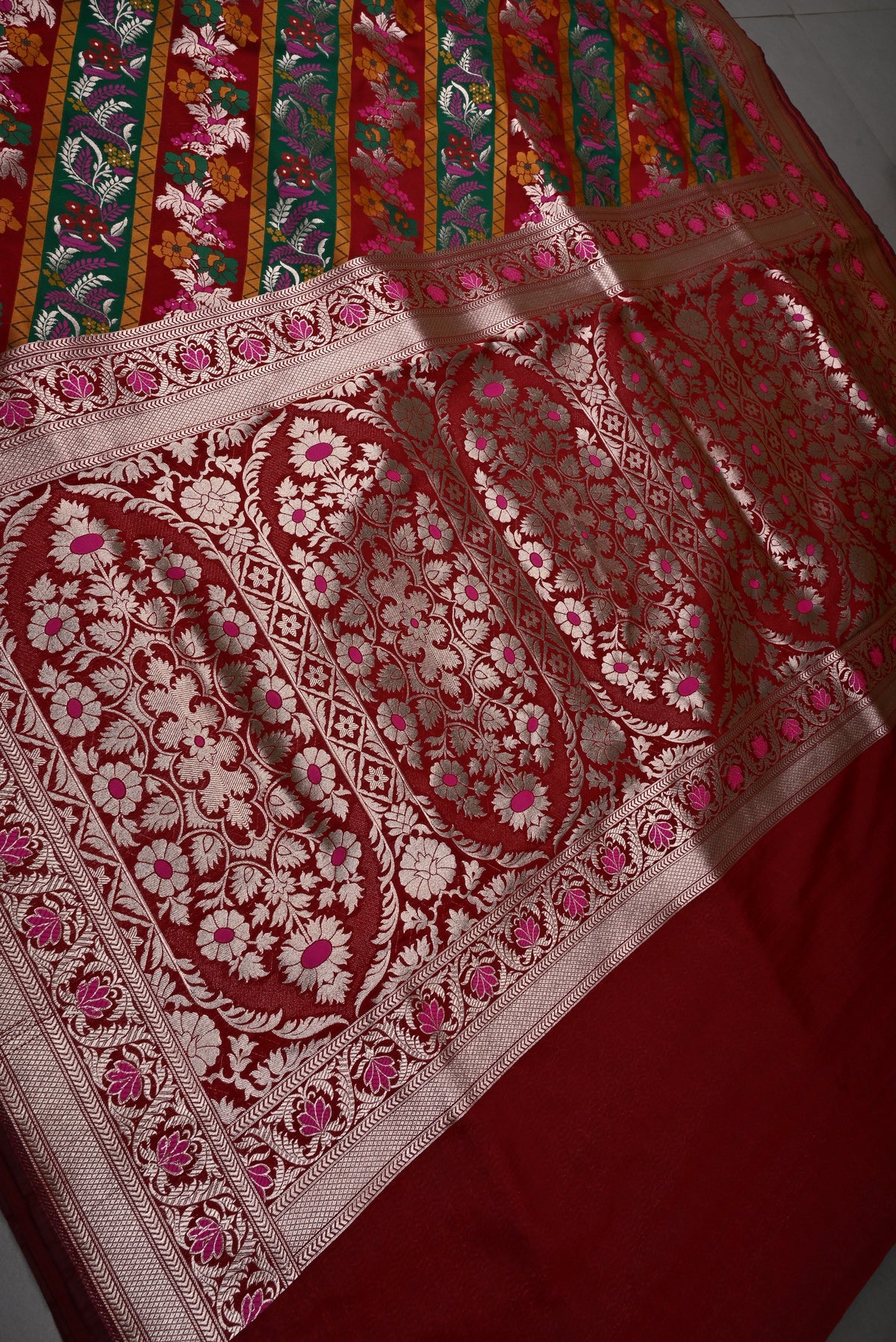 Red Semi Silk Saree with Meenakari Rangkaat Leheriya and Zari Border | SHOBITAM