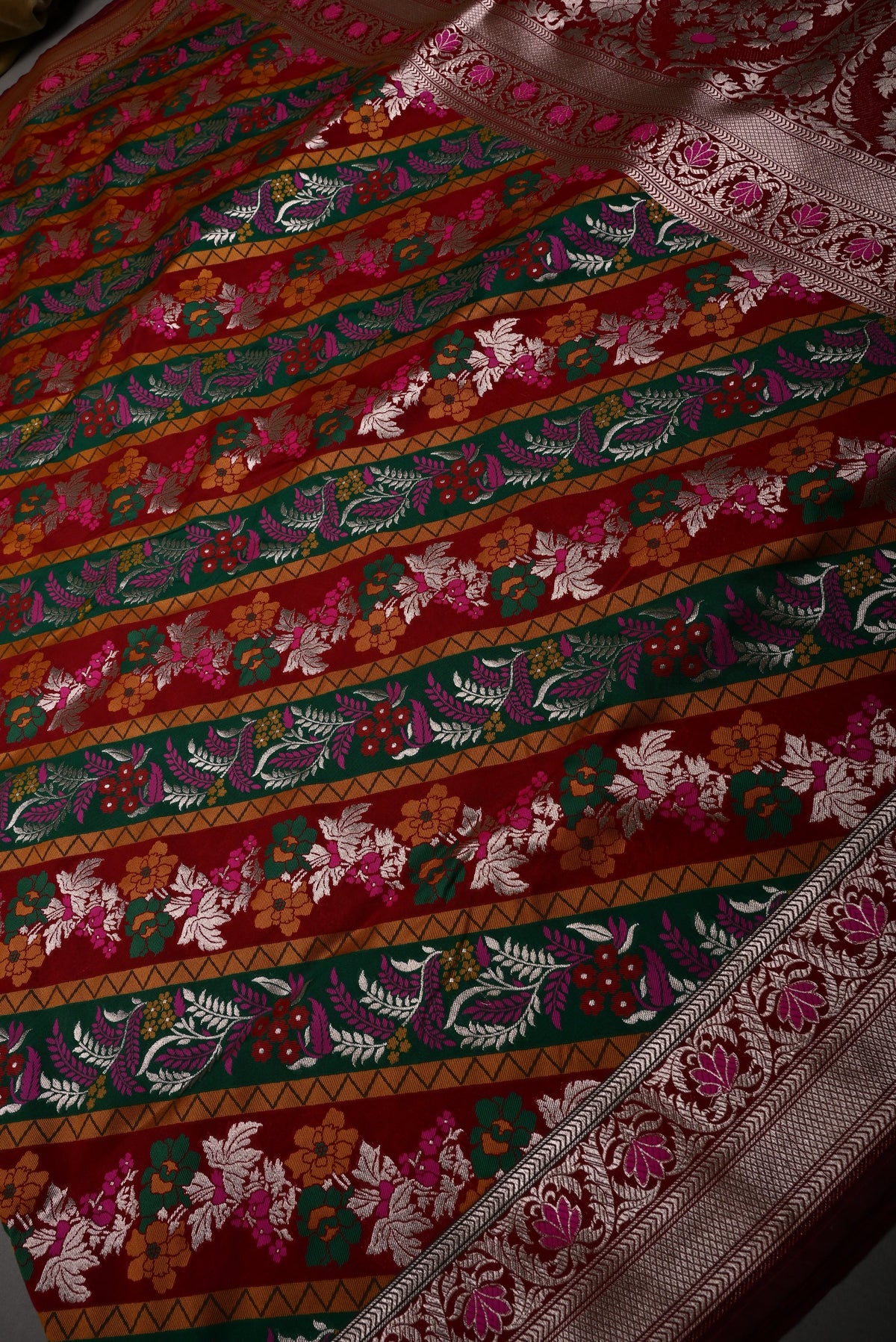 Red Semi Silk Saree with Meenakari Rangkaat Leheriya and Zari Border | SHOBITAM
