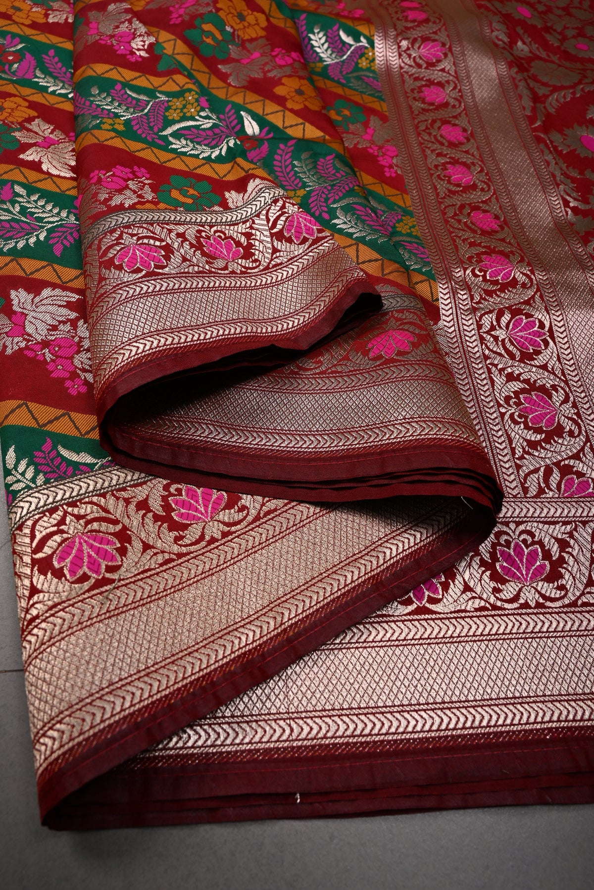 Red Semi Silk Saree with Meenakari Rangkaat Leheriya and Zari Border | SHOBITAM