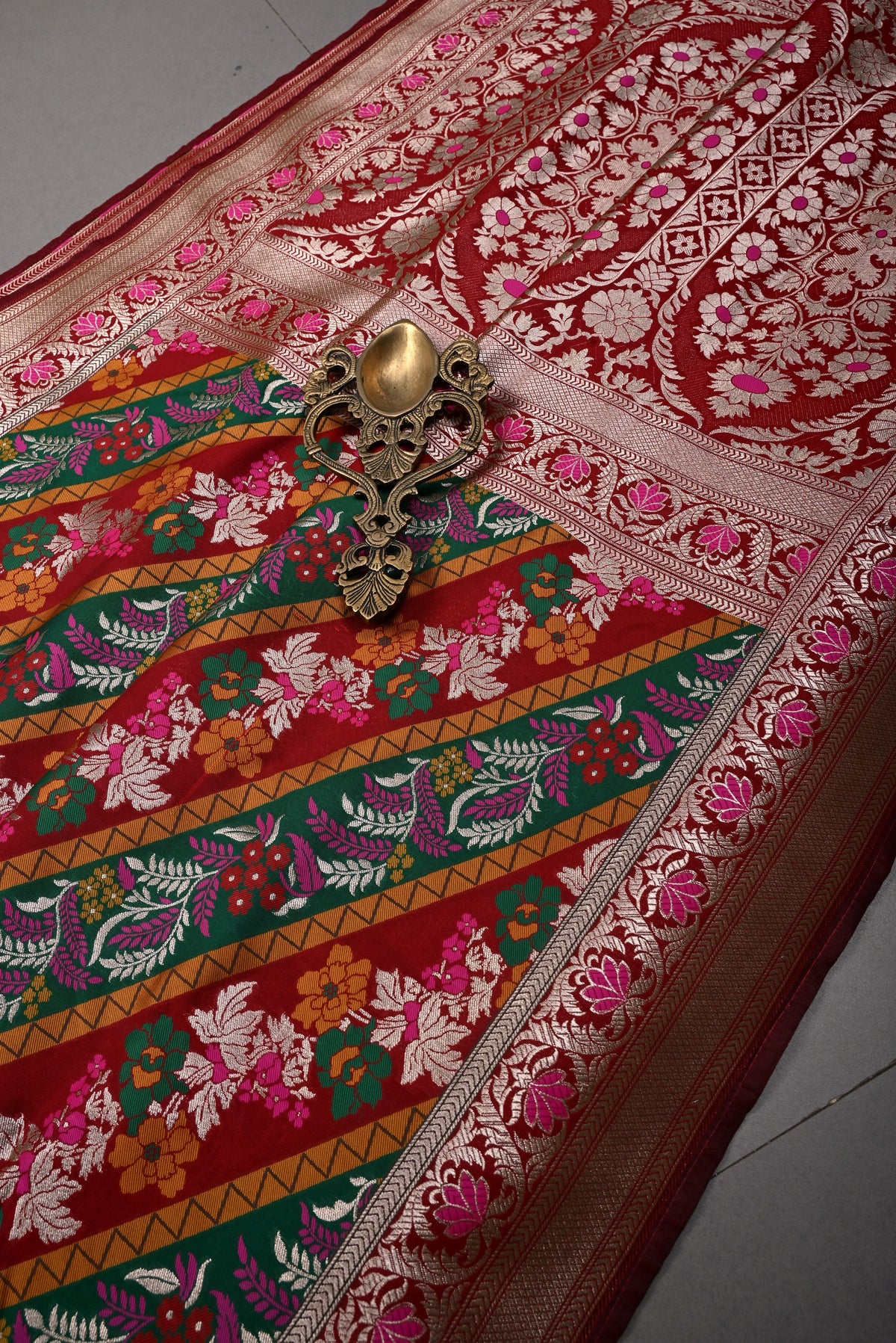 Red Semi Silk Saree with Meenakari Rangkaat Leheriya and Zari Border | SHOBITAM