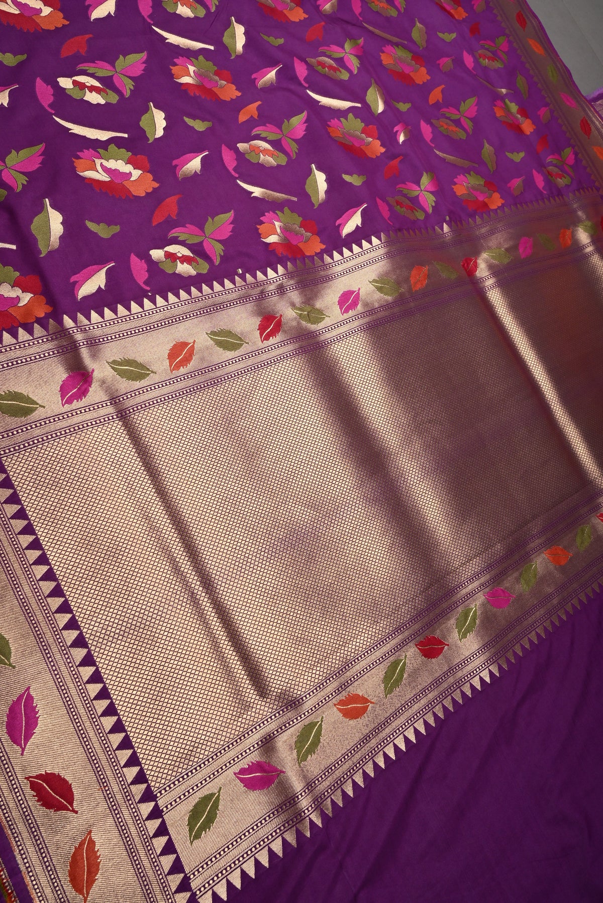 Eggplant Purple Semi Silk Saree with Meenakari Floral-Leaves and Zari Border | SHOBITAM