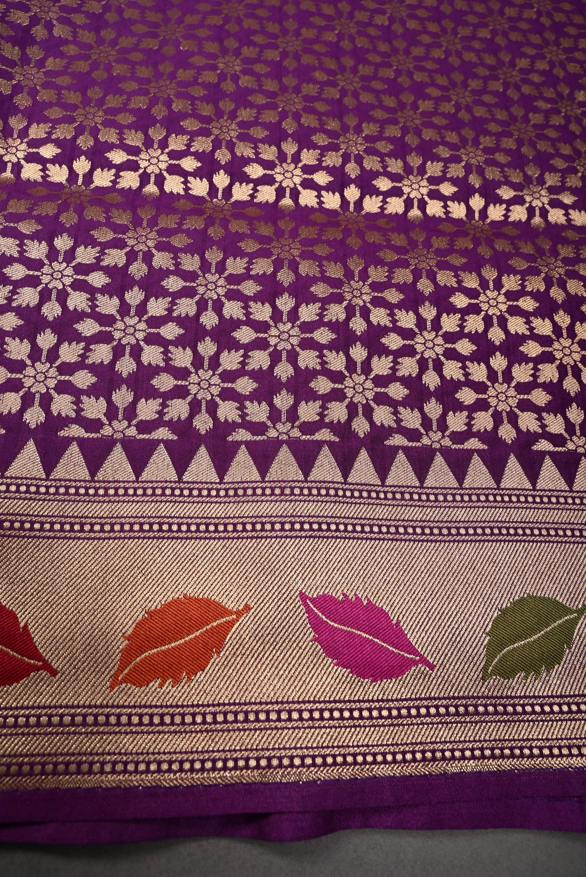 Eggplant Purple Semi Silk Saree with Meenakari Floral-Leaves and Zari Border | SHOBITAM