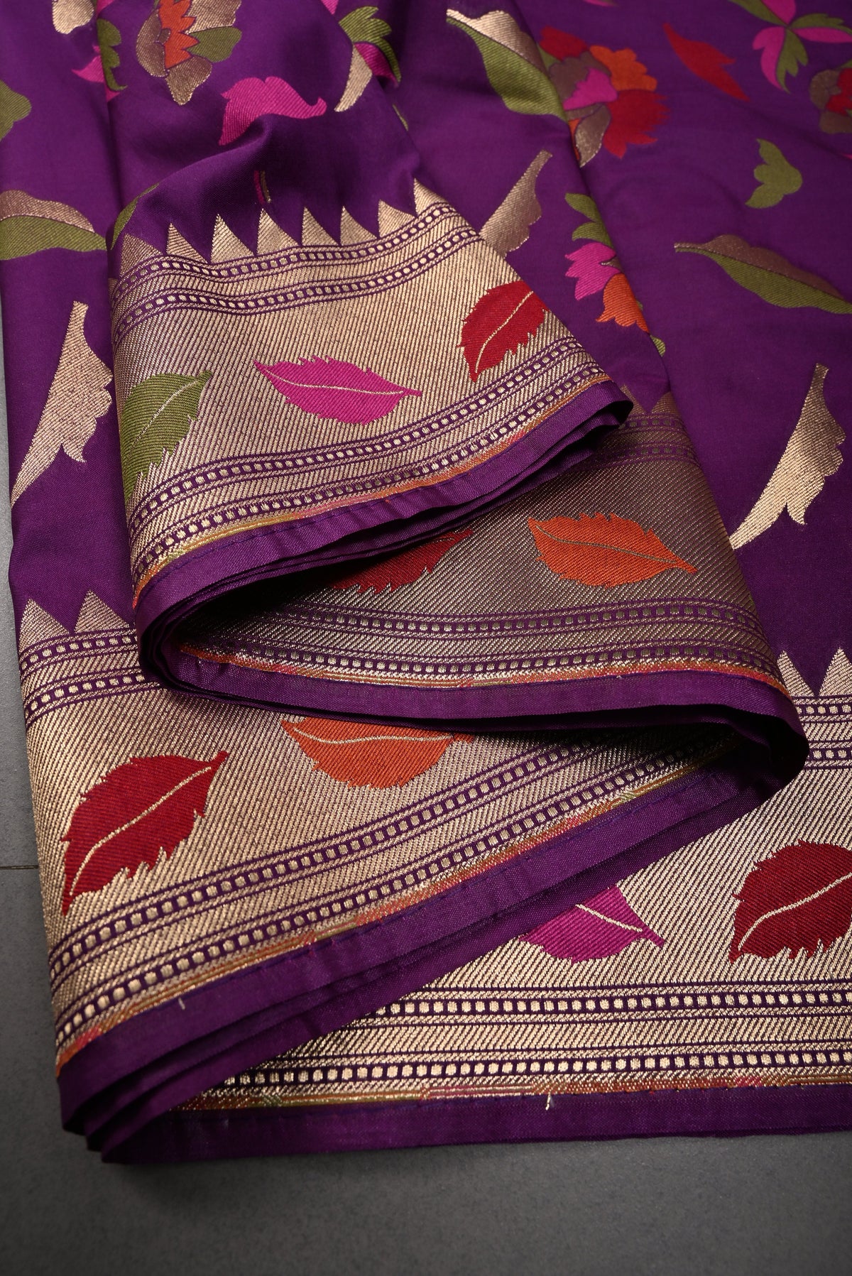 Eggplant Purple Semi Silk Saree with Meenakari Floral-Leaves and Zari Border | SHOBITAM