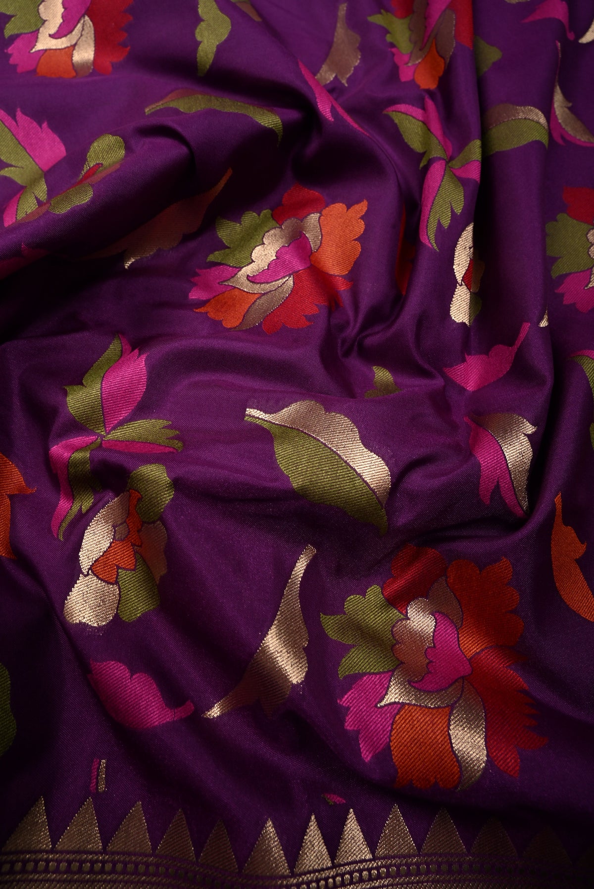 Eggplant Purple Semi Silk Saree with Meenakari Floral-Leaves and Zari Border | SHOBITAM