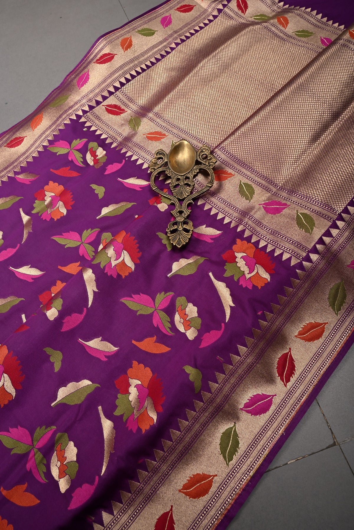 Eggplant Purple Semi Silk Saree with Meenakari Floral-Leaves and Zari Border | SHOBITAM