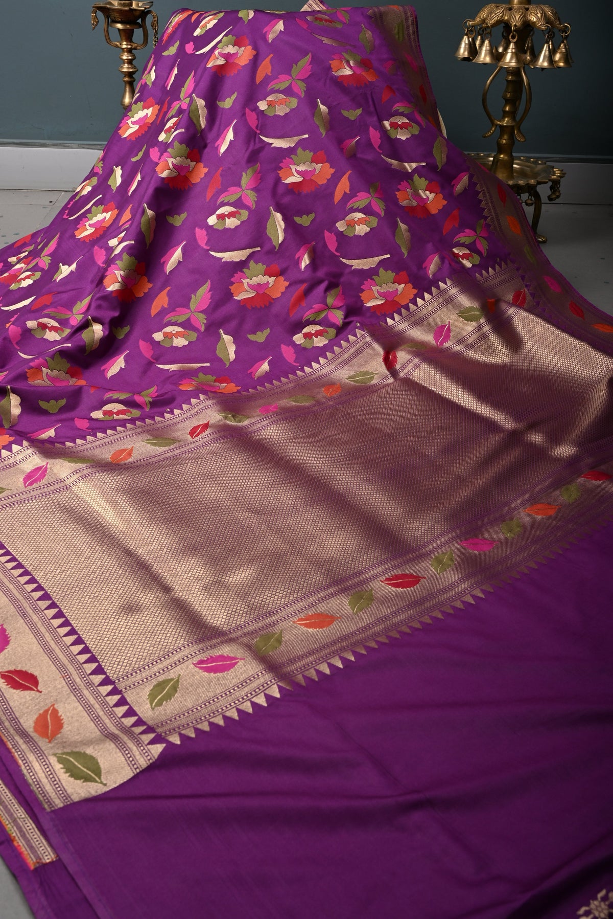 Eggplant Purple Semi Silk Saree with Meenakari Floral-Leaves and Zari Border | SHOBITAM