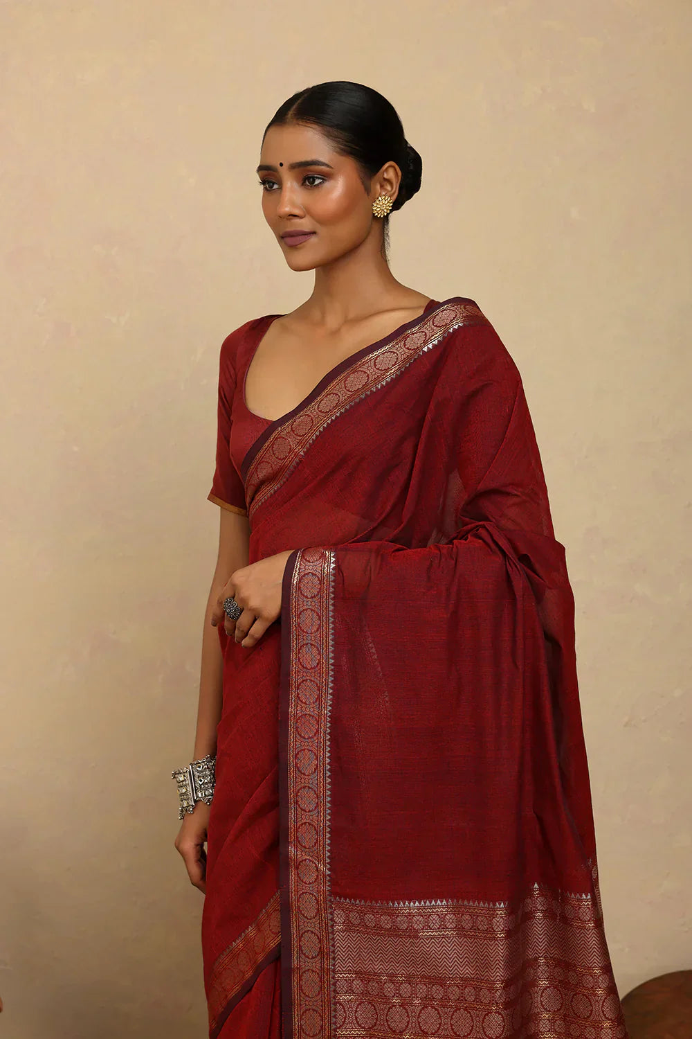 Handloom Maroon Silver Zari Motifs Kanchi Cotton Saree | Shobitam