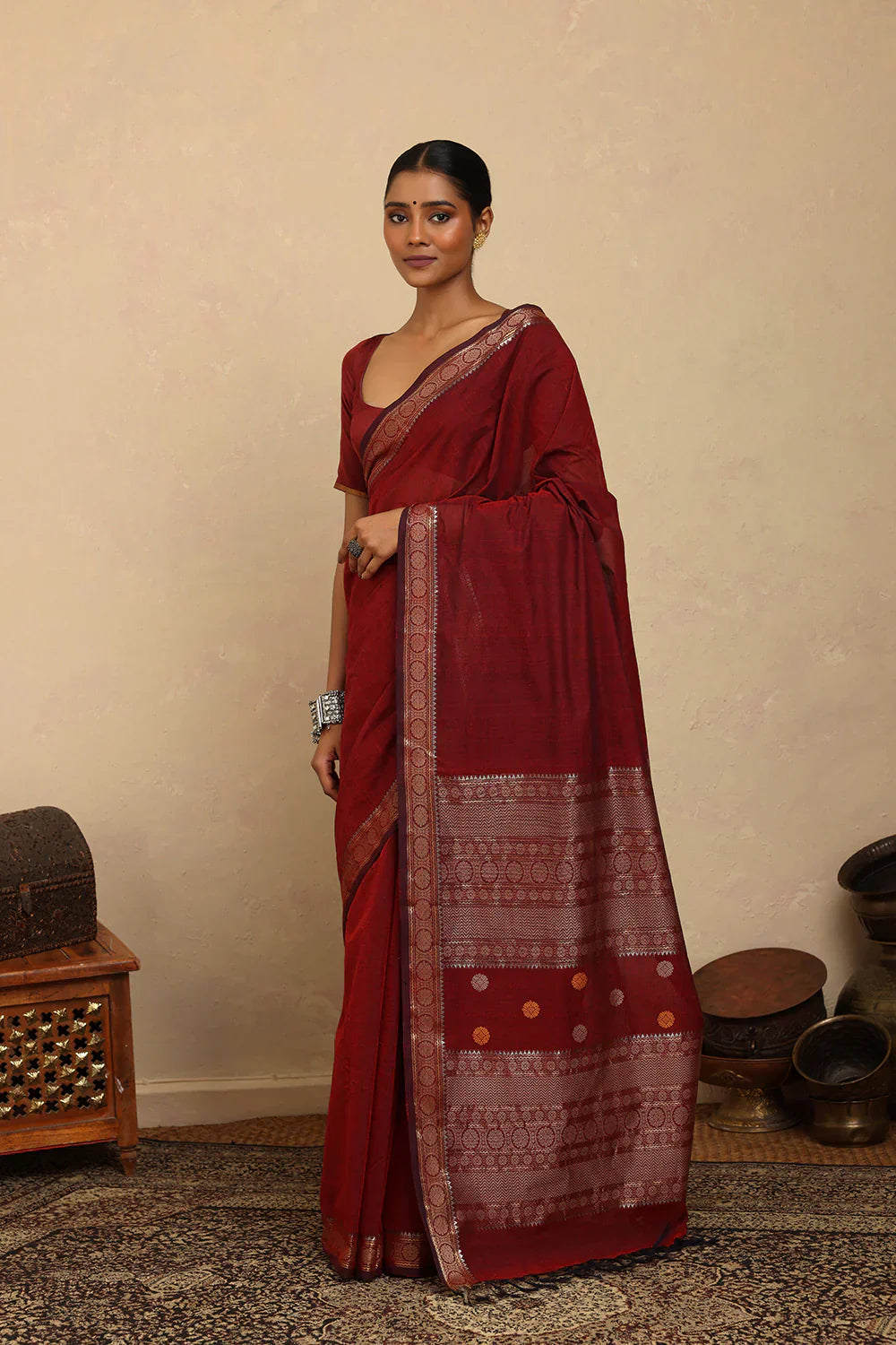 Handloom Maroon Silver Zari Motifs Kanchi Cotton Saree | Shobitam