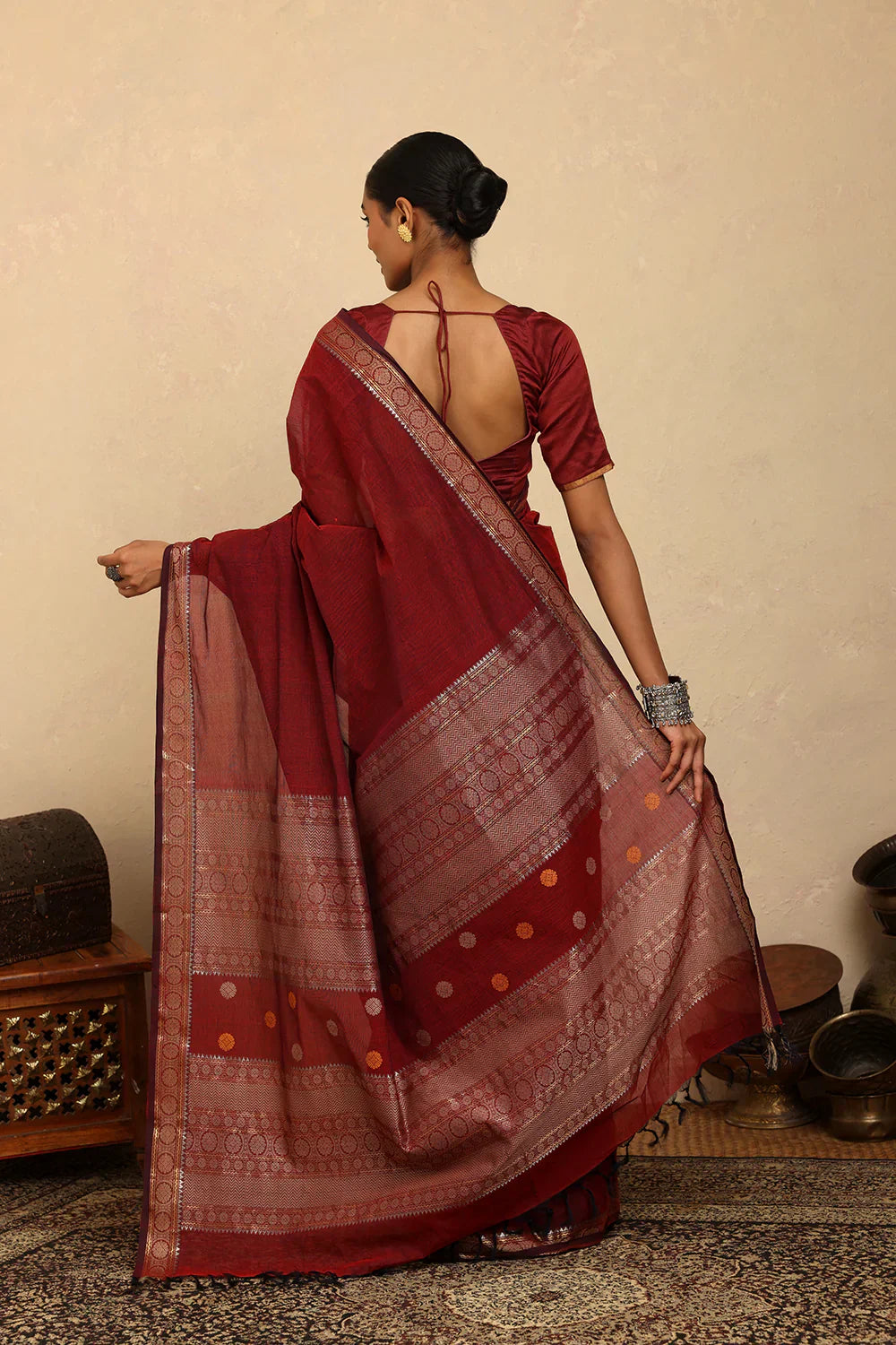 Handloom Maroon Silver Zari Motifs Kanchi Cotton Saree | Shobitam