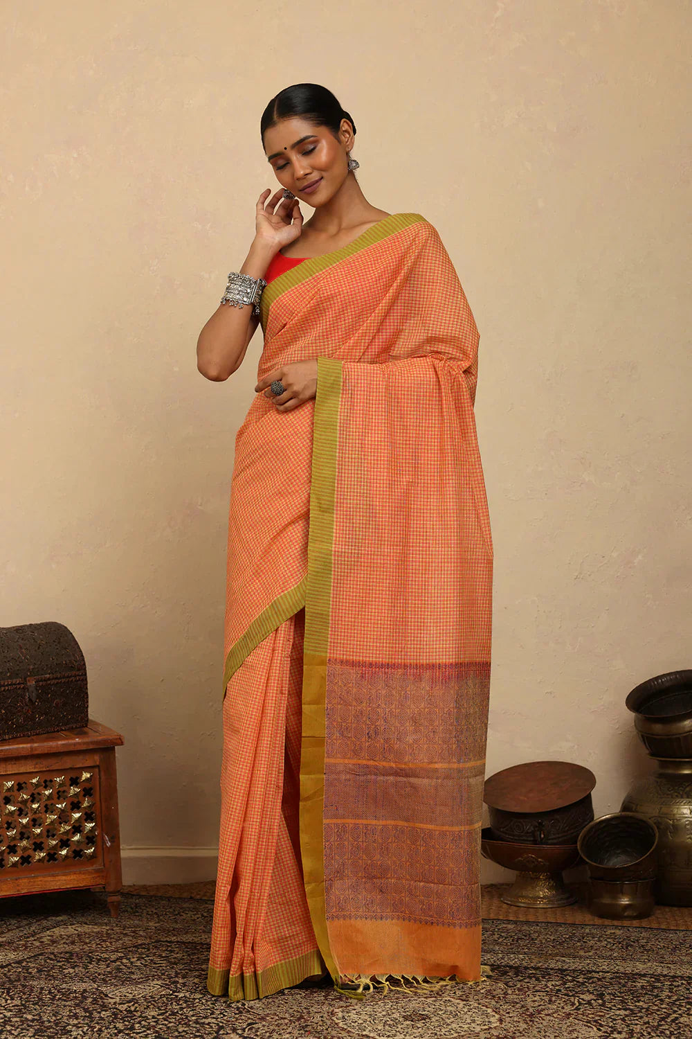Handloom Soft Orange Mini Checks Kanchi Cotton Saree | Shobitam