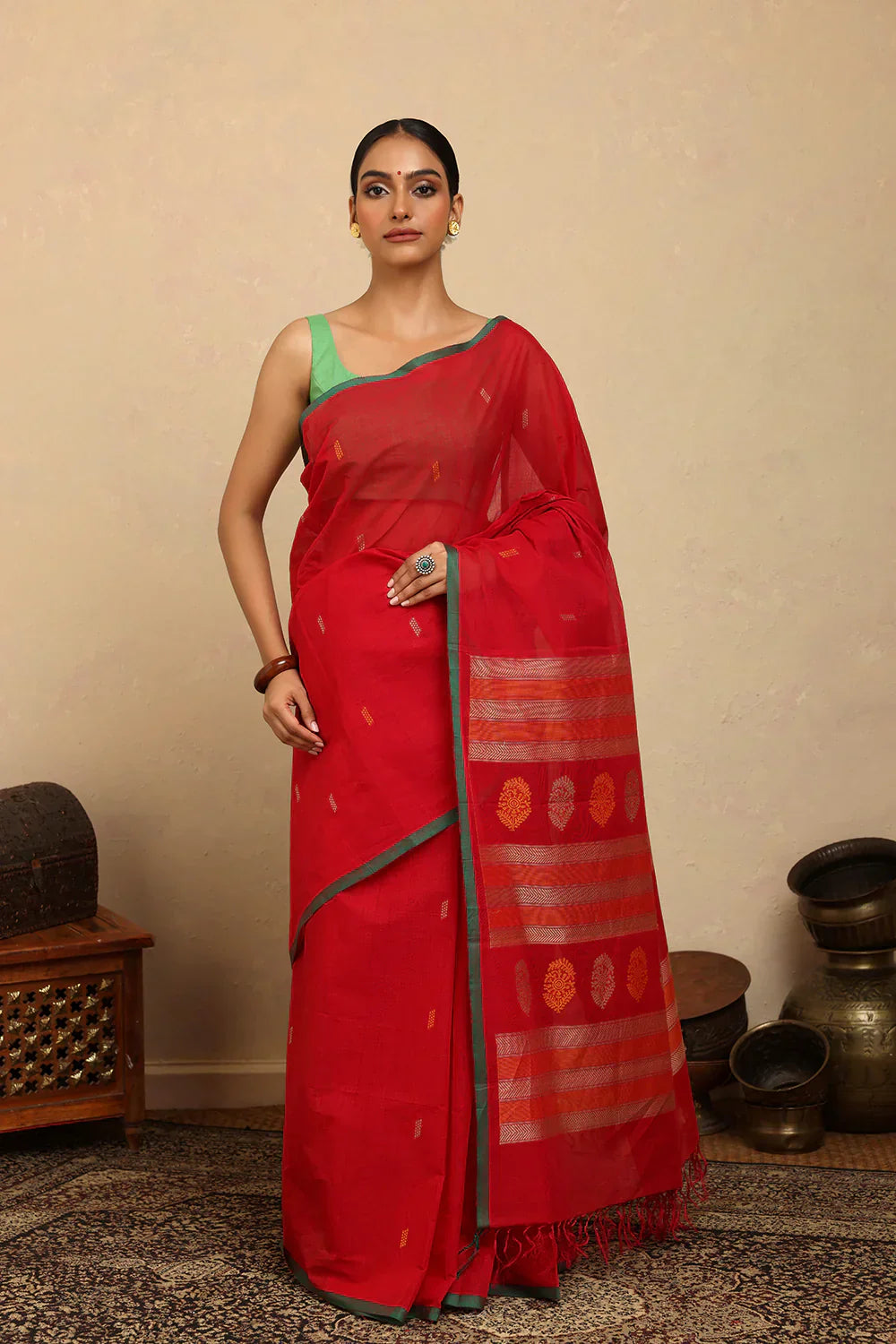 Handloom Rose Red Kanchi Cotton Saree | Shobitam