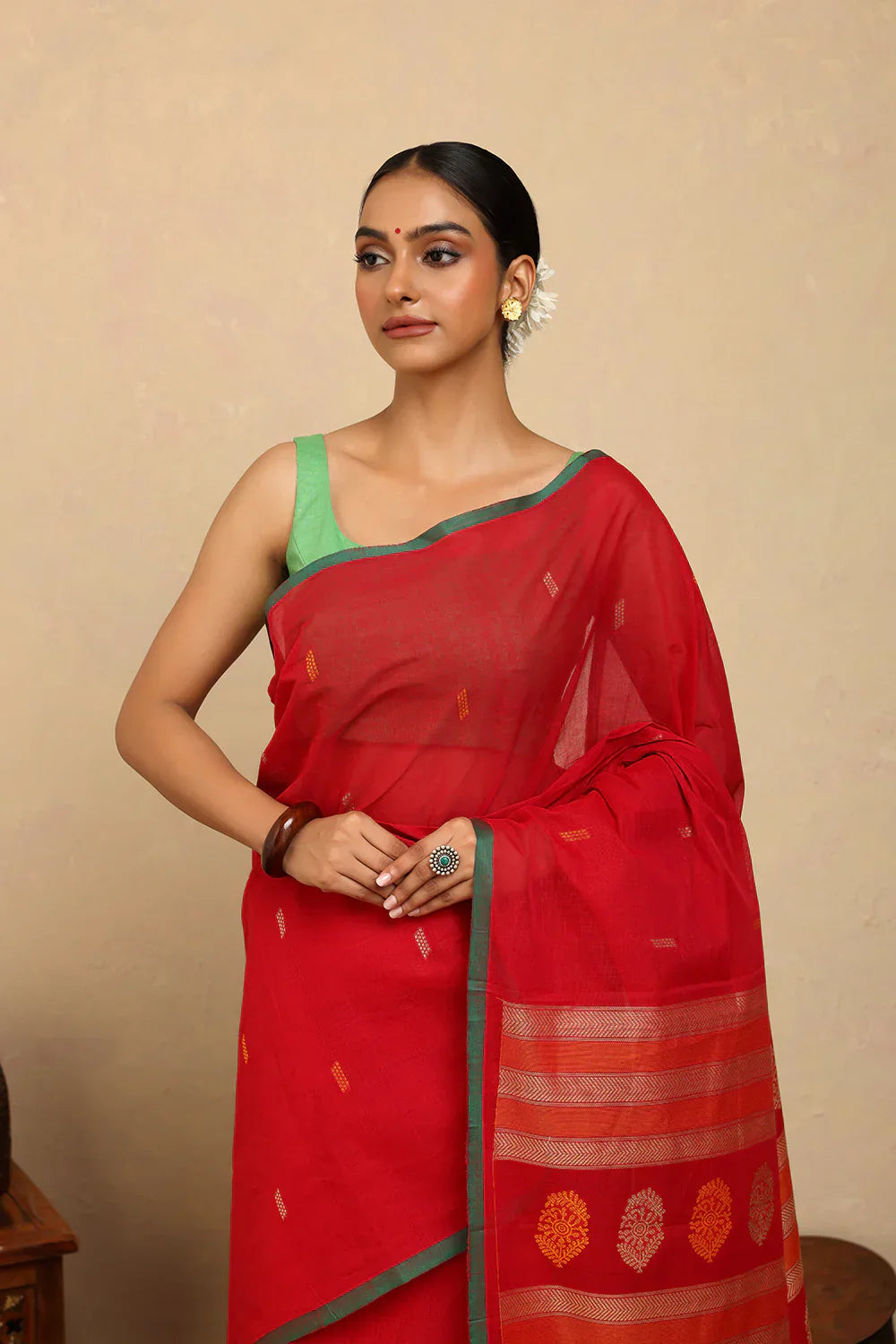 Handloom Rose Red Kanchi Cotton Saree | Shobitam