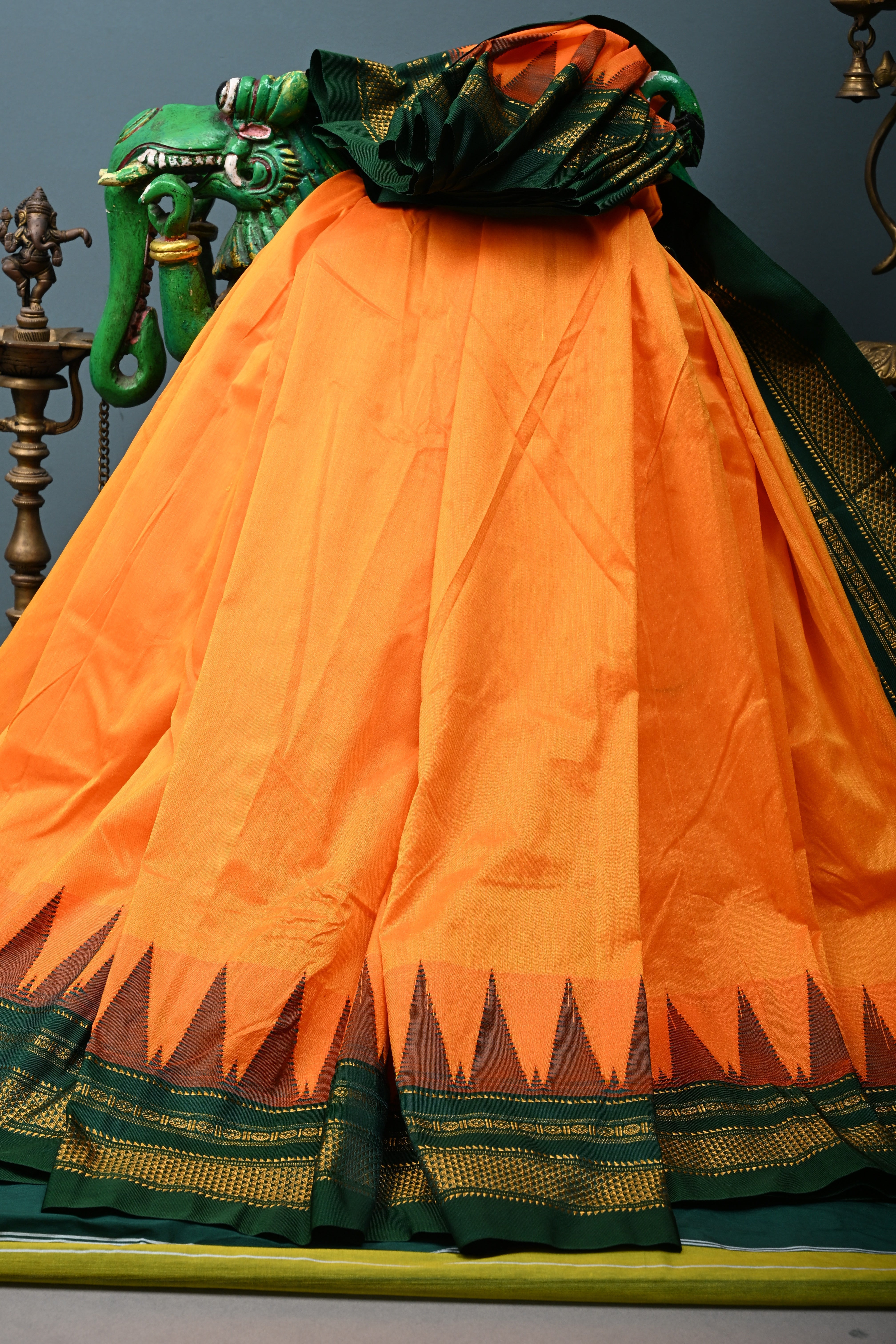 Orange Ilkal Weave Mercerized Bagalkote Cotton Saree with Temple Panel on Contrast Zari Border | SHOBITAM