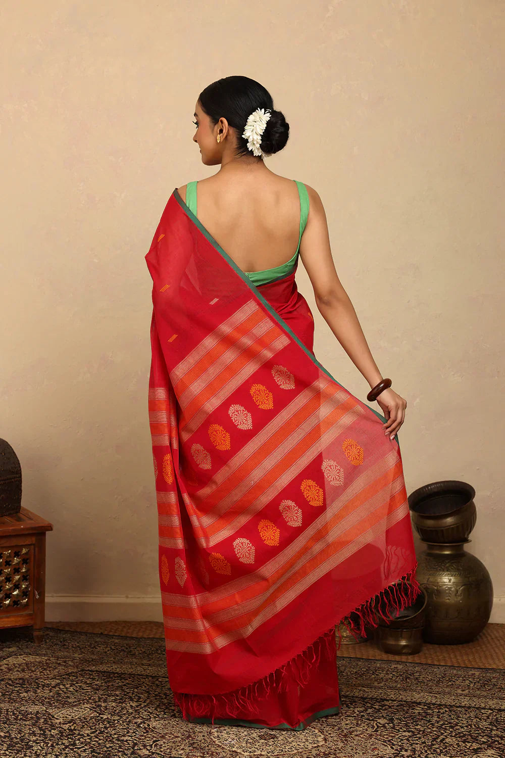 Handloom Rose Red Kanchi Cotton Saree | Shobitam