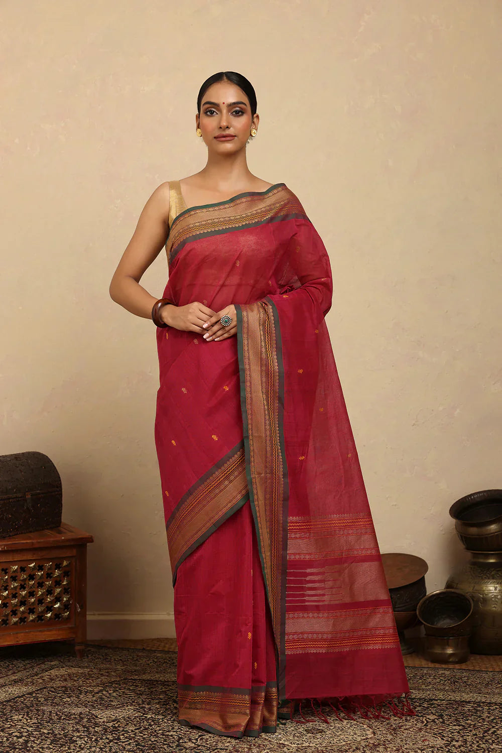 Handloom Pink Kanchi Cotton Saree with Woven Border | Shobitam