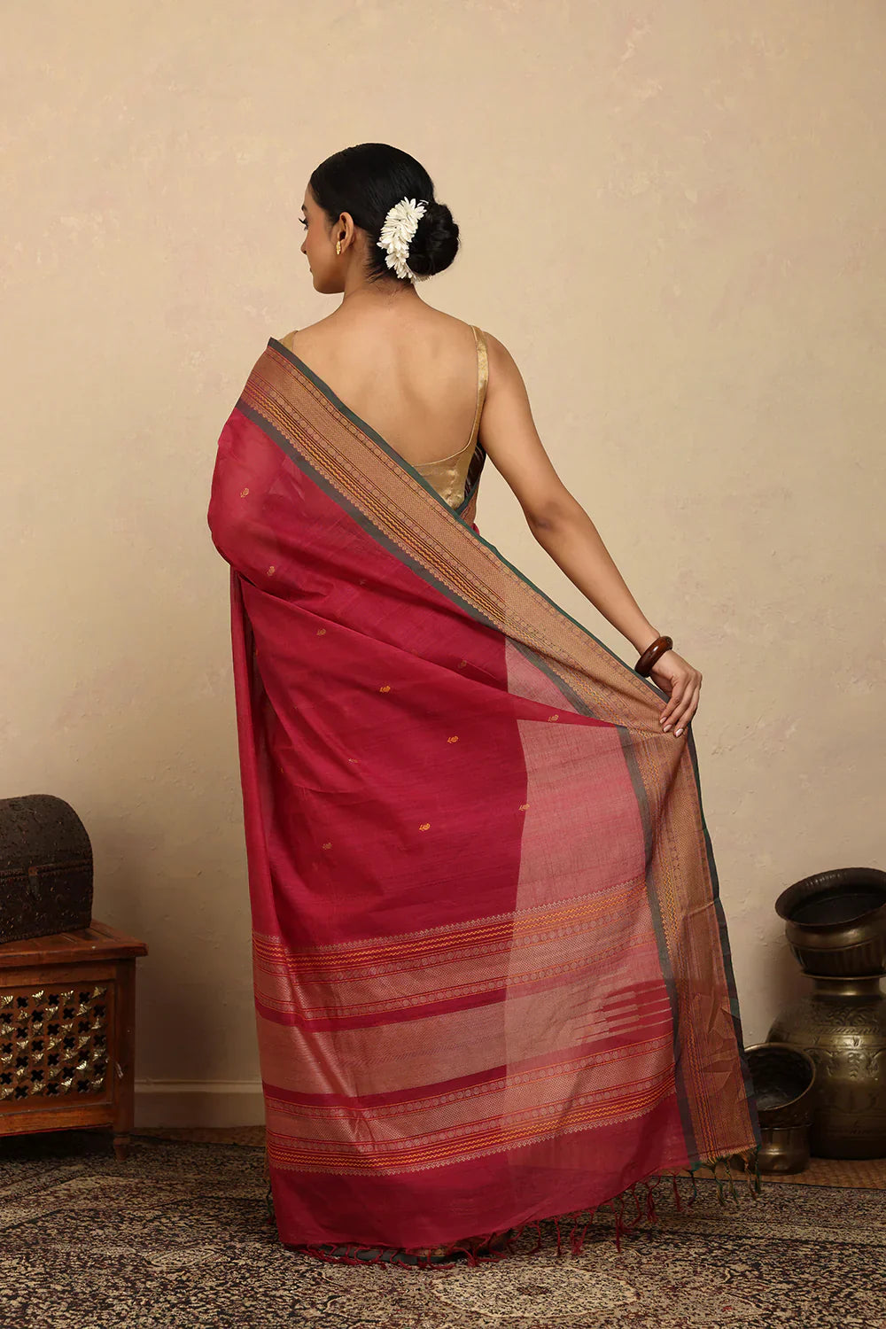 Handloom Pink Kanchi Cotton Saree with Woven Border | Shobitam