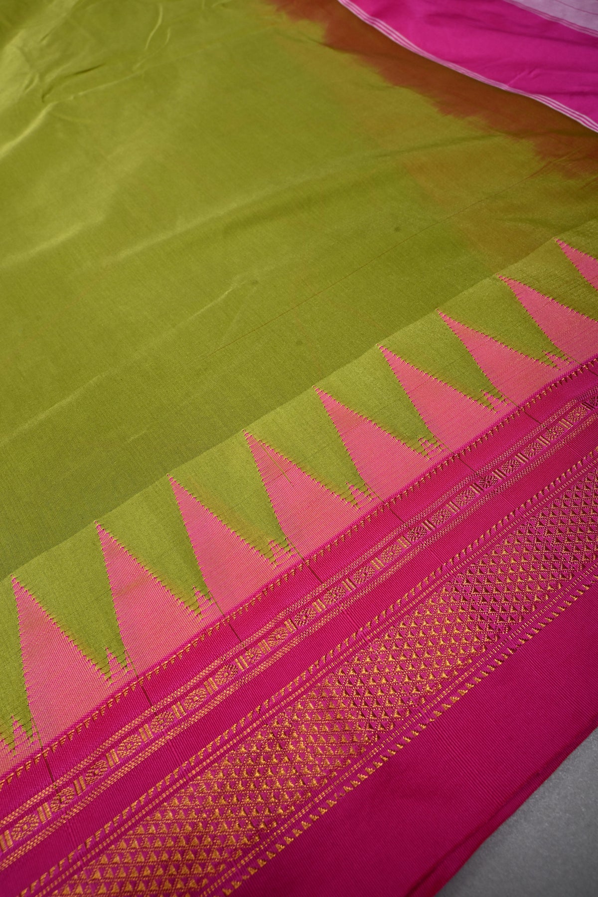 Parrot Green Ilkal Weave Mercerized Bagalkote Cotton Saree with Temple Panel on Contrast Zari Border | SHOBITAM