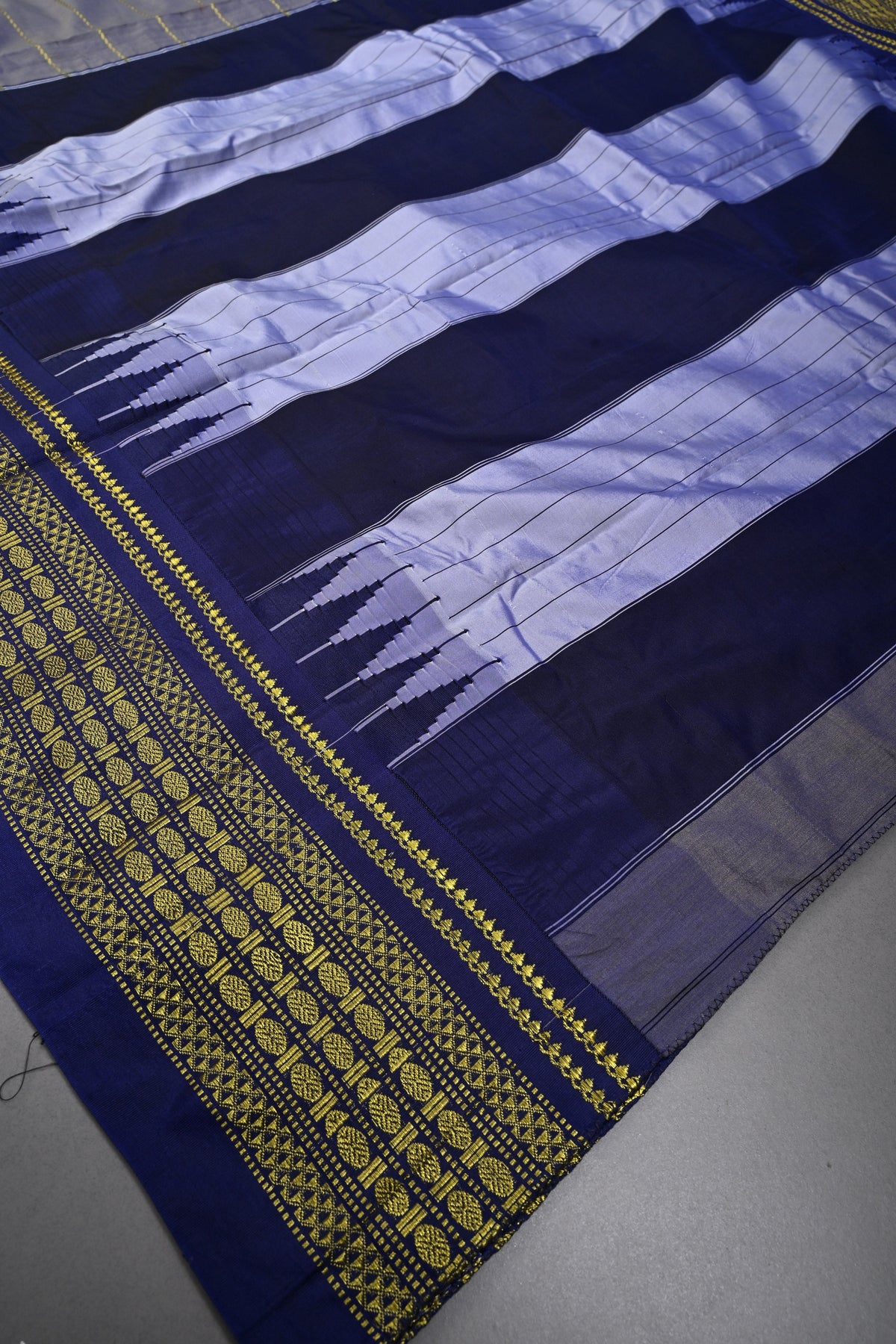 Lavender Mist Semi Gadwal Saree with Horizontal Zari Stripes and Contrast Zari Border | SHOBITAM