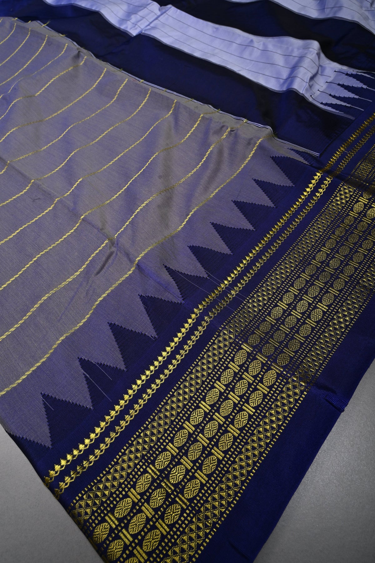 Lavender Mist Semi Gadwal Saree with Horizontal Zari Stripes and Contrast Zari Border | SHOBITAM