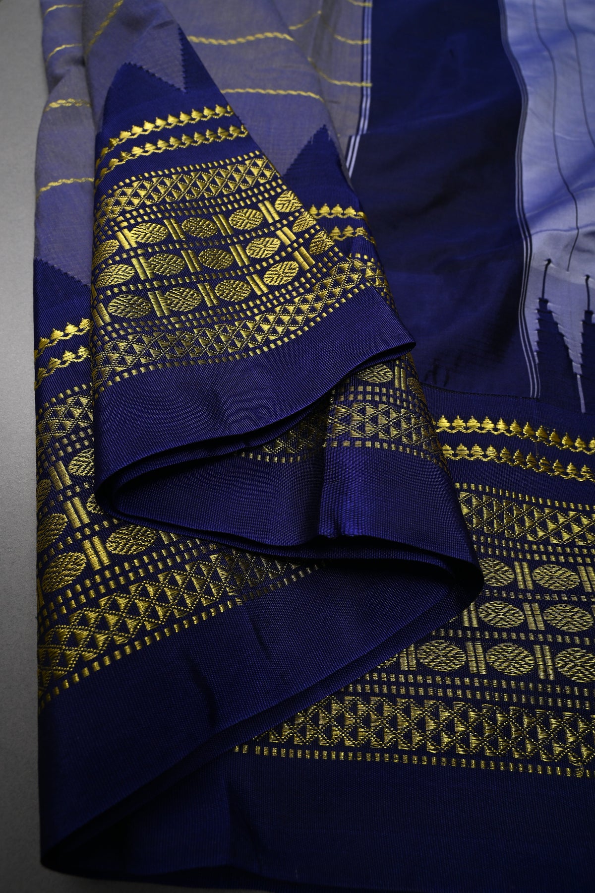 Lavender Mist Semi Gadwal Saree with Horizontal Zari Stripes and Contrast Zari Border | SHOBITAM