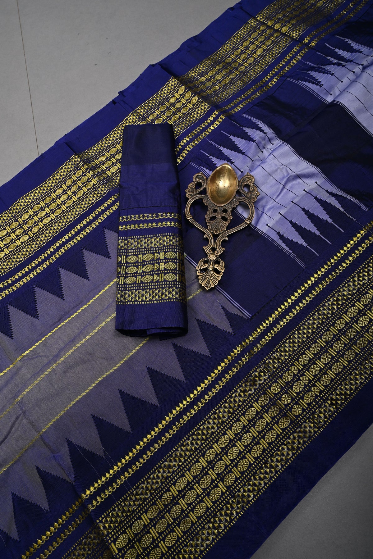 Lavender Mist Semi Gadwal Saree with Horizontal Zari Stripes and Contrast Zari Border | SHOBITAM