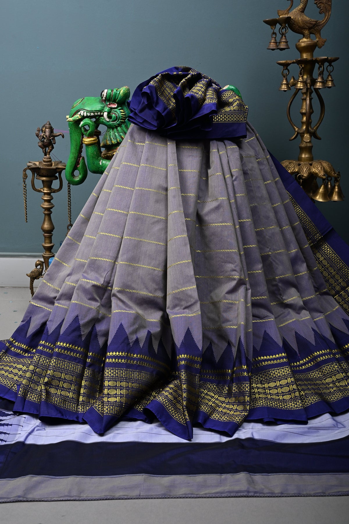 Lavender Mist Semi Gadwal Saree with Horizontal Zari Stripes and Contrast Zari Border | SHOBITAM