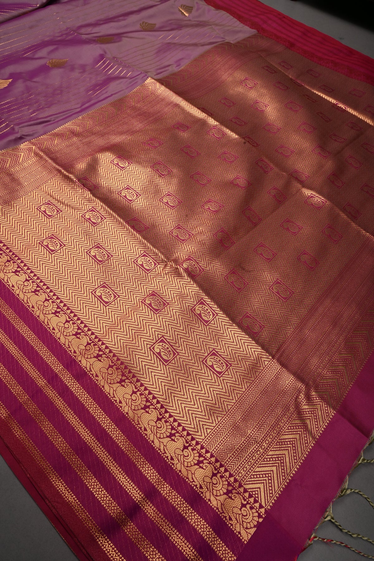 Purple Dual tone Vertical Zari Stripes on Kanchi Semi Silk Saree with Zari Buttas and Contrast Zari Border | SHOBITAM