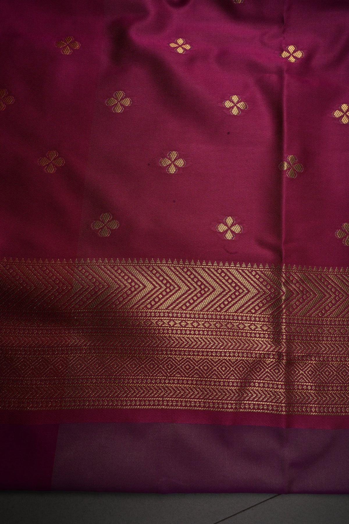 Purple Dual tone Vertical Zari Stripes on Kanchi Semi Silk Saree with Zari Buttas and Contrast Zari Border | SHOBITAM