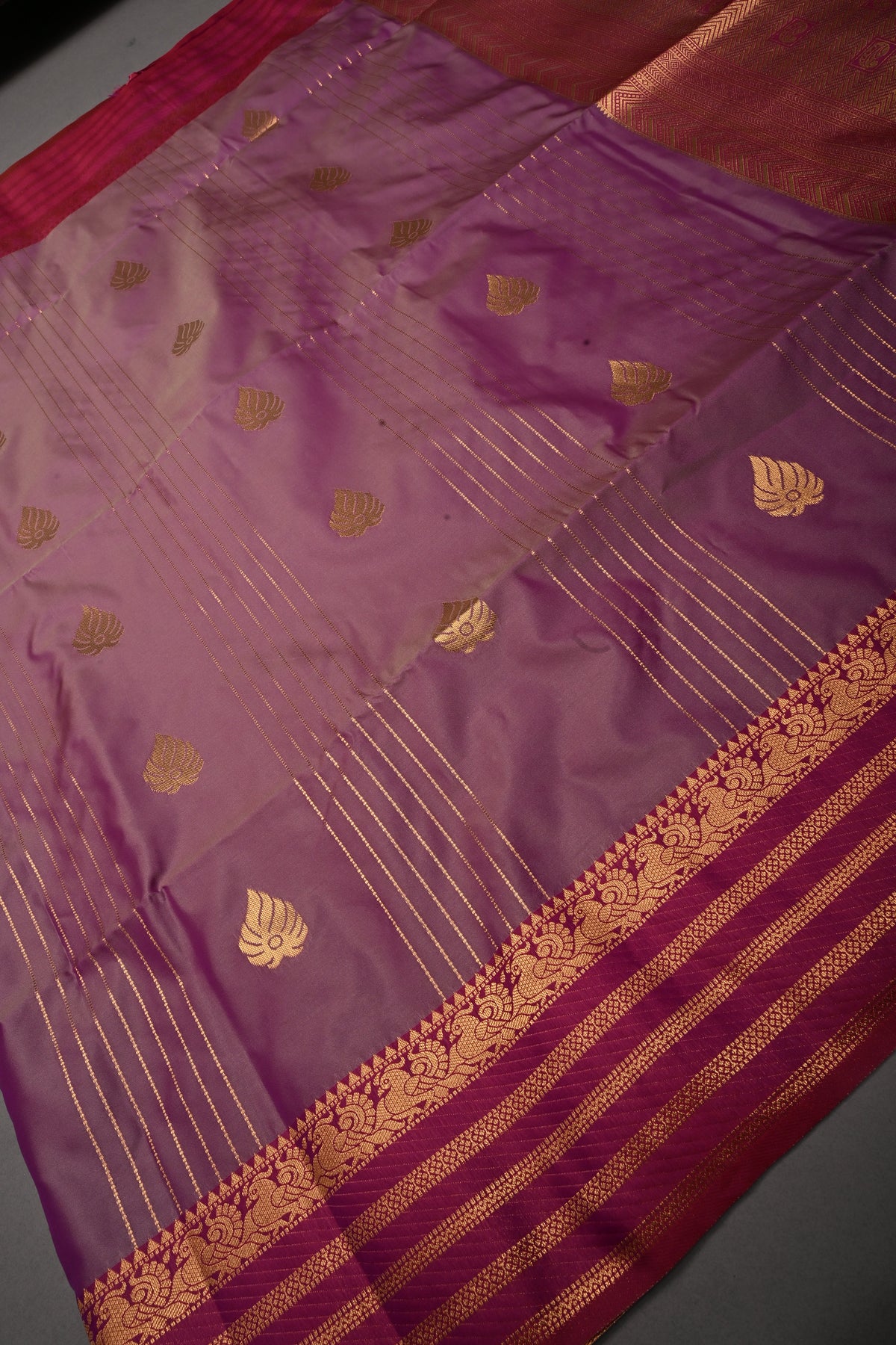 Purple Dual tone Vertical Zari Stripes on Kanchi Semi Silk Saree with Zari Buttas and Contrast Zari Border | SHOBITAM