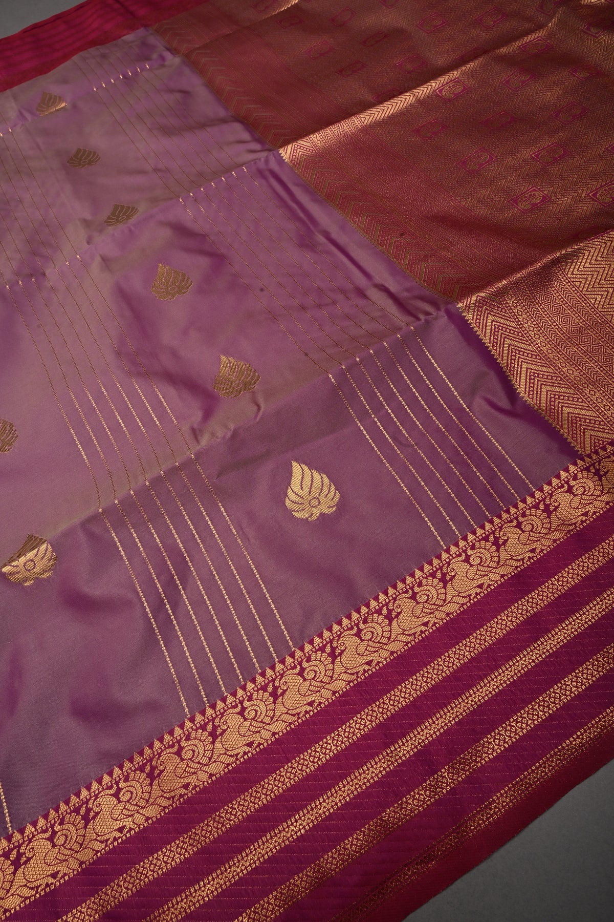Purple Dual tone Vertical Zari Stripes on Kanchi Semi Silk Saree with Zari Buttas and Contrast Zari Border | SHOBITAM