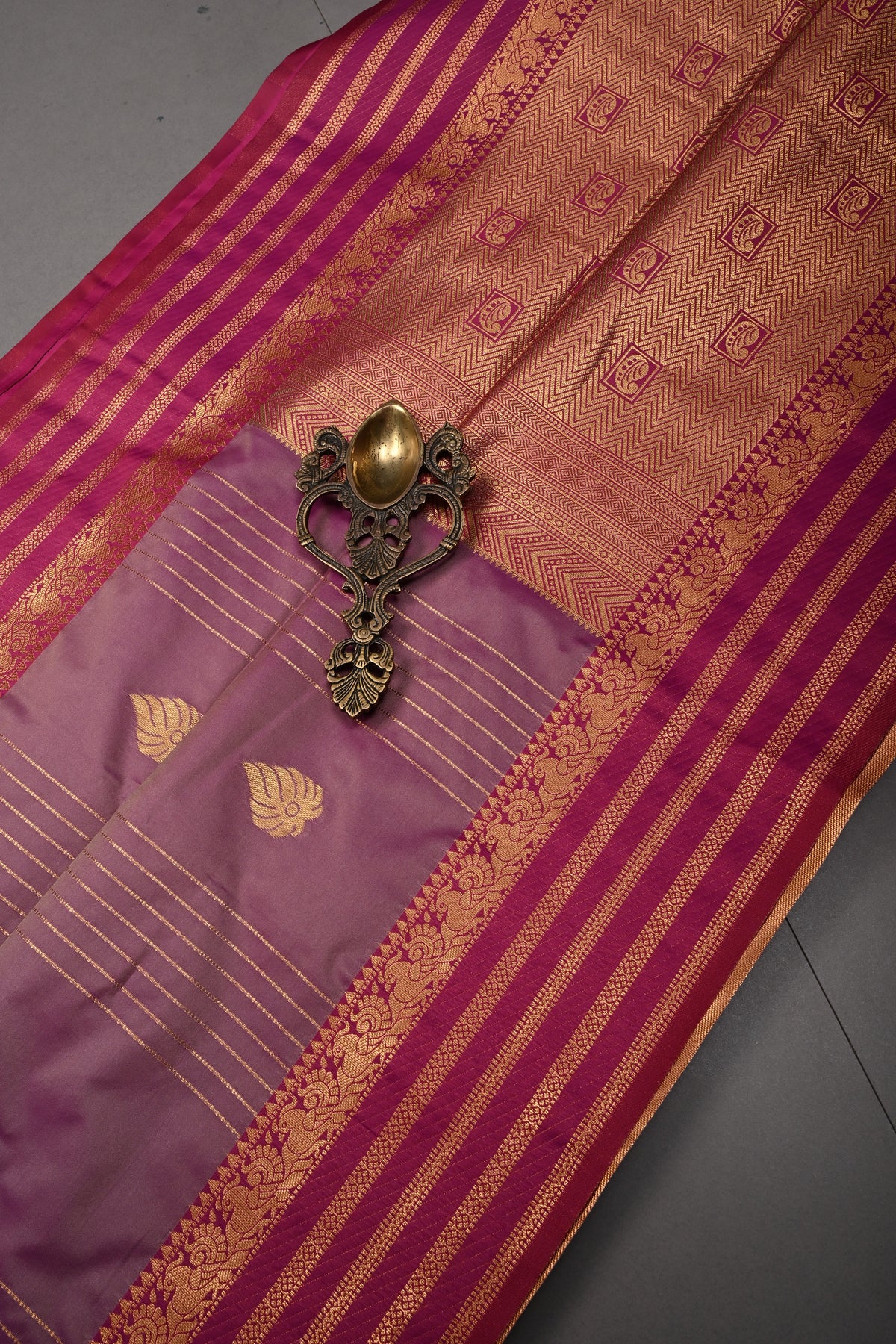 Purple Dual tone Vertical Zari Stripes on Kanchi Semi Silk Saree with Zari Buttas and Contrast Zari Border | SHOBITAM