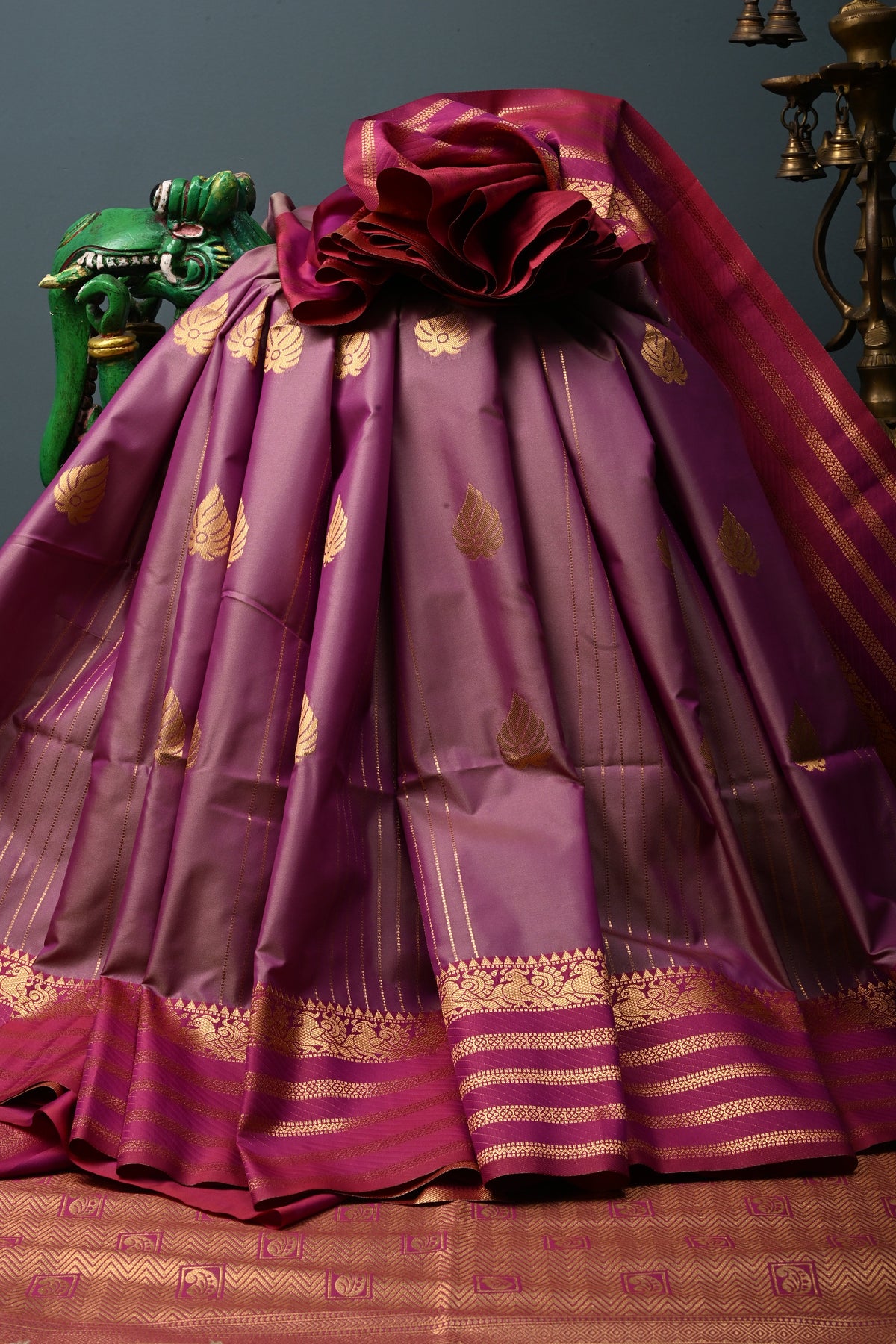 Purple Dual tone Vertical Zari Stripes on Kanchi Semi Silk Saree with Zari Buttas and Contrast Zari Border | SHOBITAM