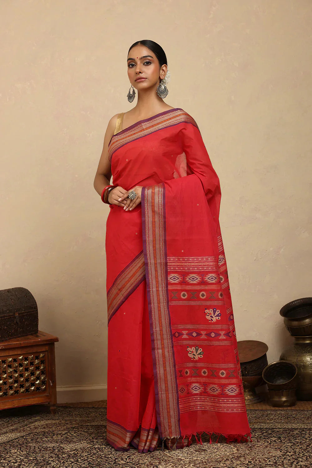 Handloom Crimson Red Kanchi Cotton Saree | Shobitam