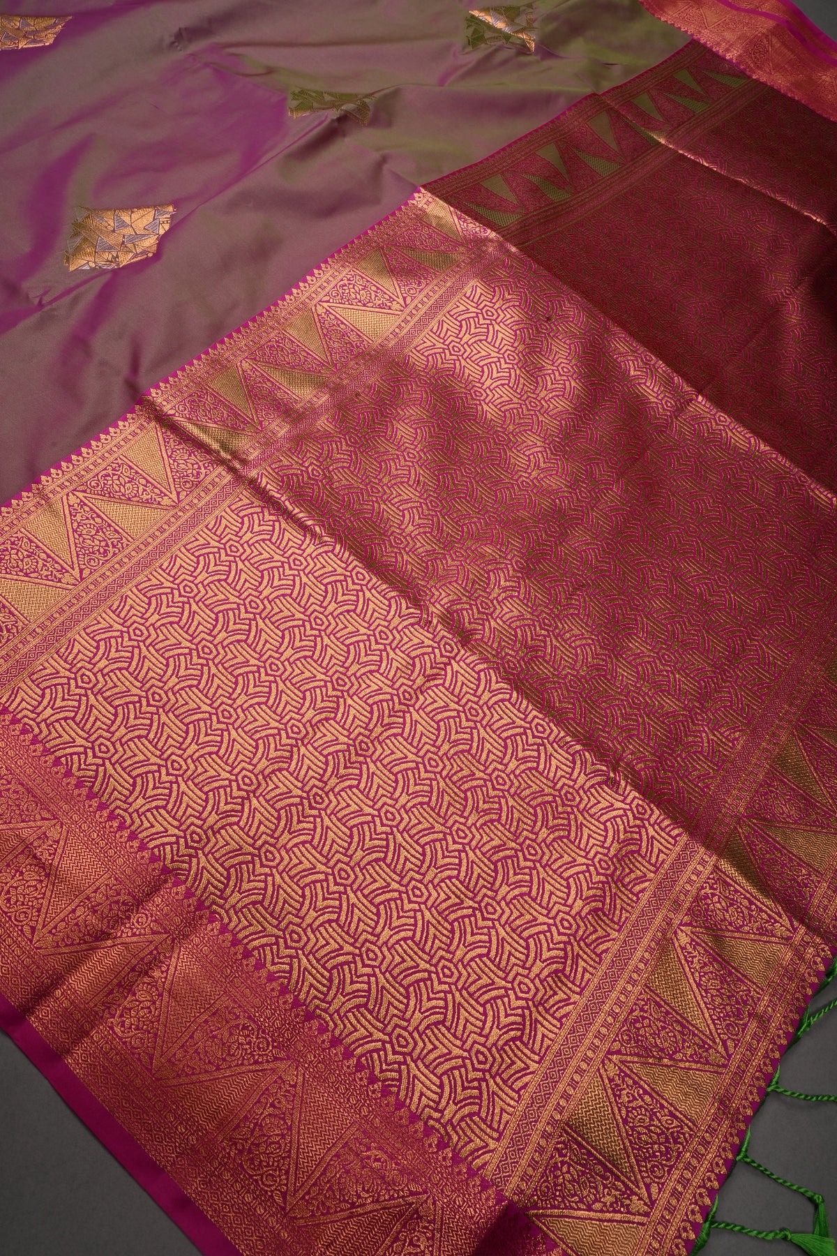 Pink-Green Kanchi Semi Silk Saree with Geometric Zari Buttas and Zari Border | SHOBITAM