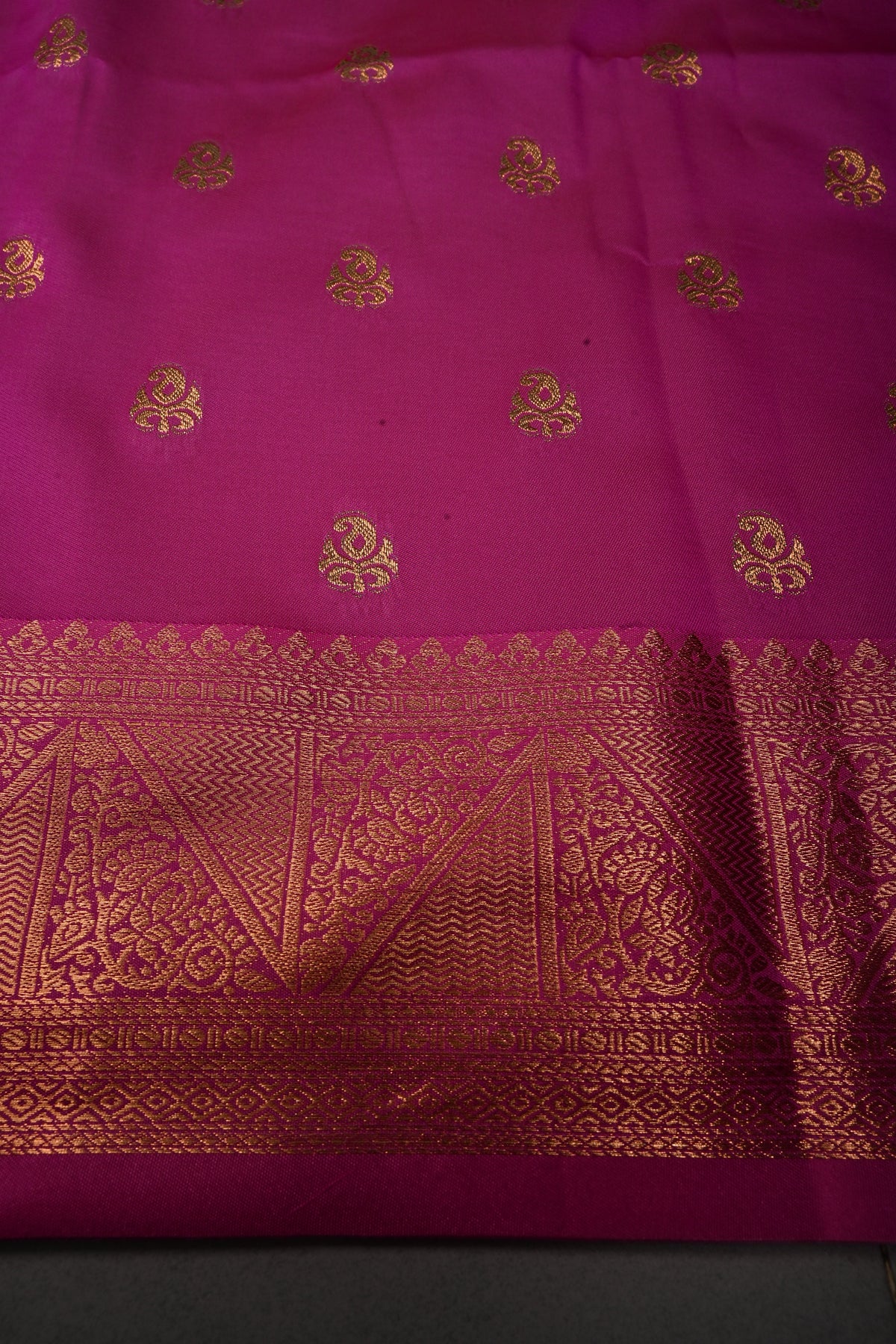 Pink-Green Kanchi Semi Silk Saree with Geometric Zari Buttas and Zari Border | SHOBITAM