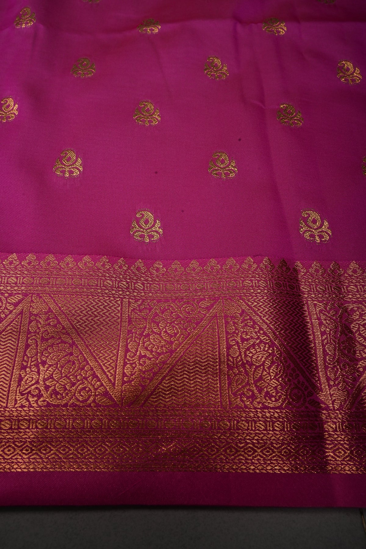 Pink-Green Kanchi Semi Silk Saree with Geometric Zari Buttas and Zari Border | SHOBITAM