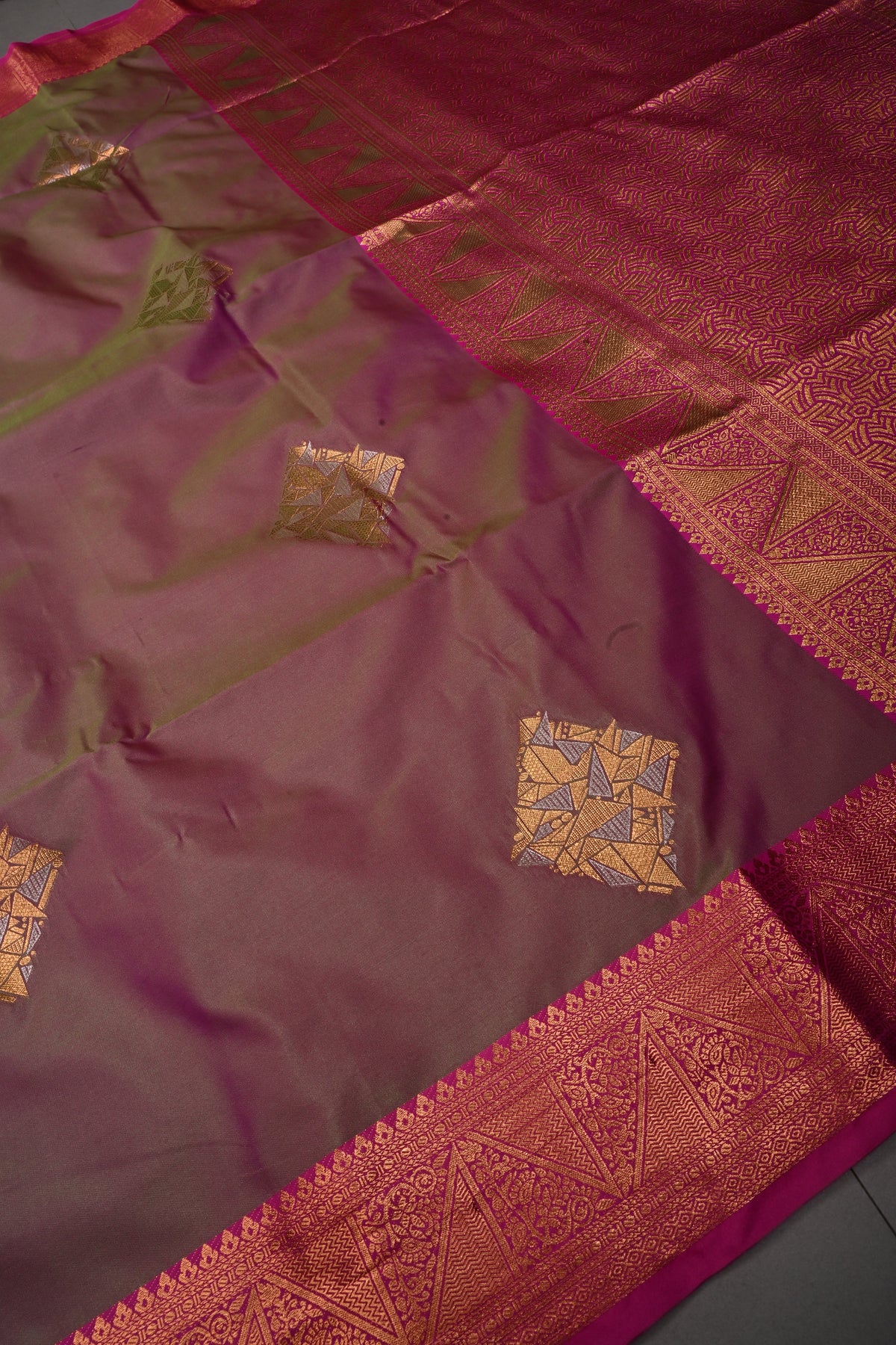 Pink-Green Kanchi Semi Silk Saree with Geometric Zari Buttas and Zari Border | SHOBITAM