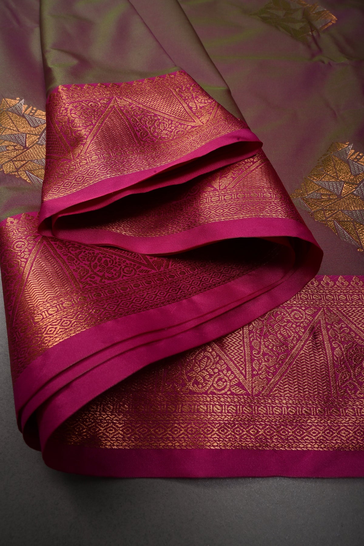 Pink-Green Kanchi Semi Silk Saree with Geometric Zari Buttas and Zari Border | SHOBITAM