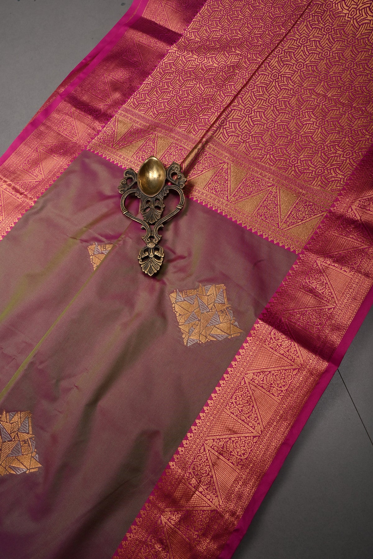 Pink-Green Kanchi Semi Silk Saree with Geometric Zari Buttas and Zari Border | SHOBITAM