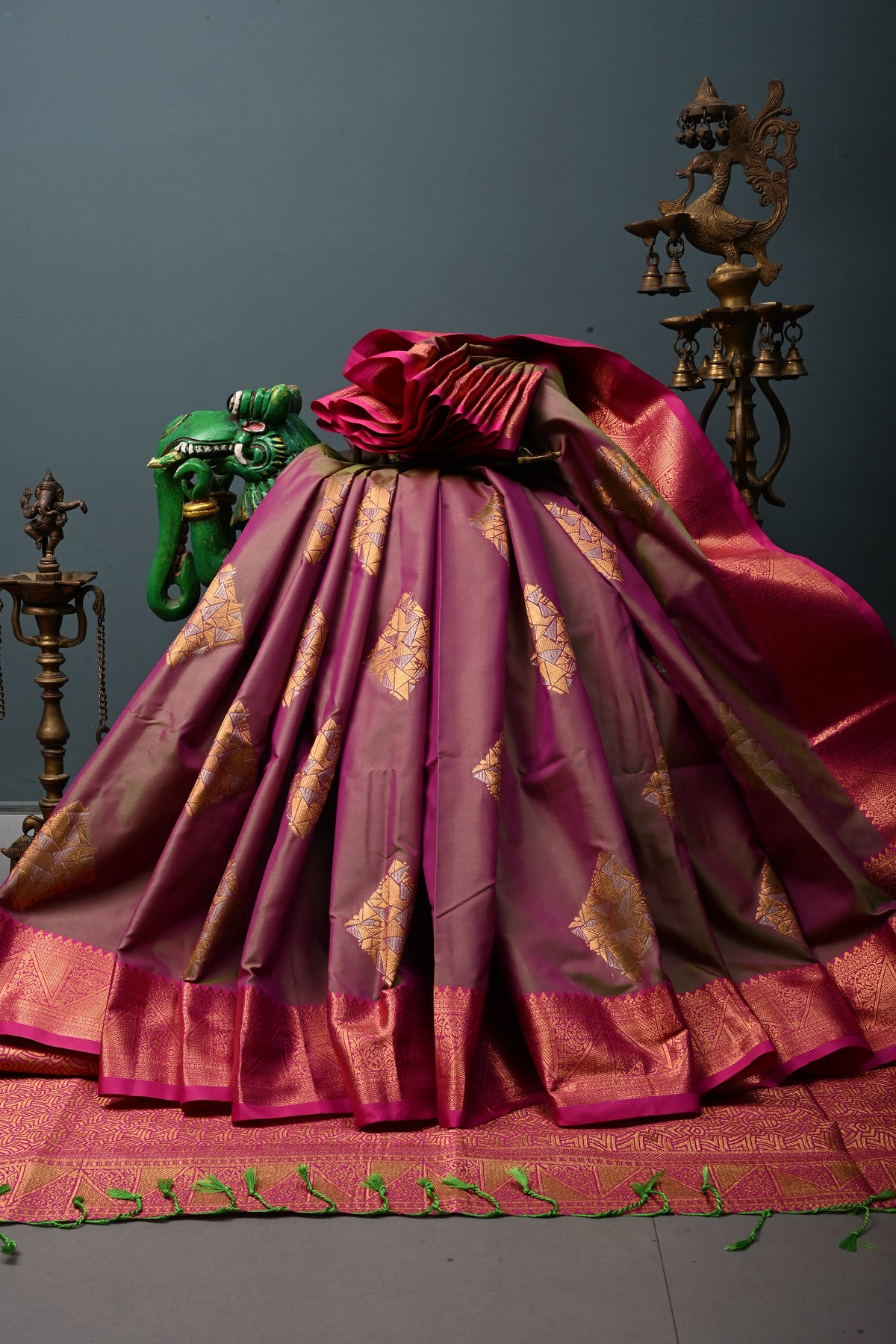 Pink-Green Kanchi Semi Silk Saree with Geometric Zari Buttas and Zari Border | SHOBITAM