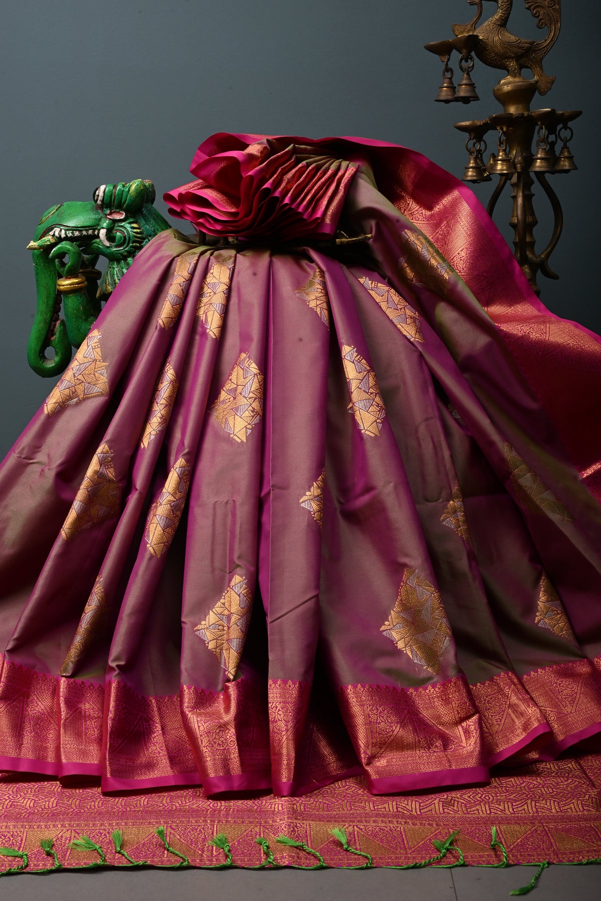 Pink-Green Kanchi Semi Silk Saree with Geometric Zari Buttas and Zari Border | SHOBITAM