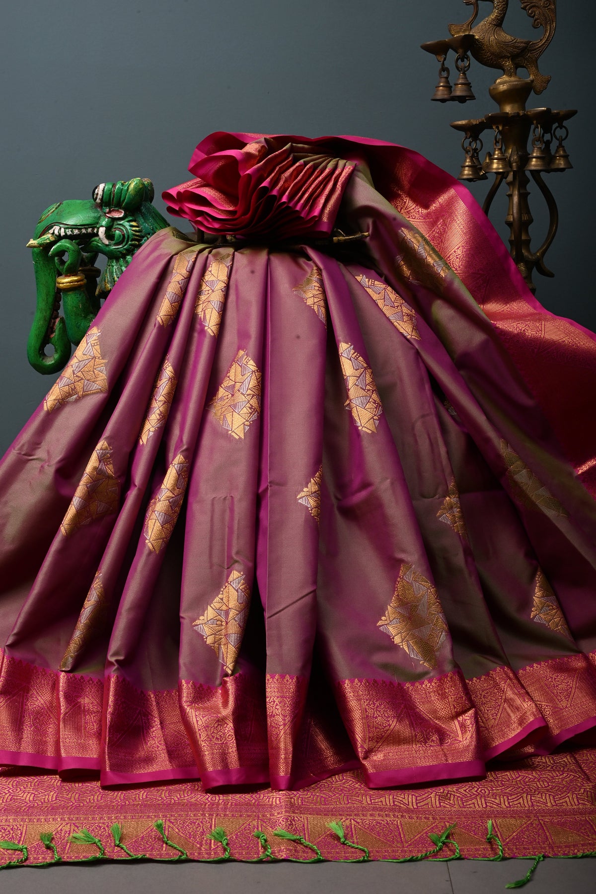 Pink-Green Kanchi Semi Silk Saree with Geometric Zari Buttas and Zari Border | SHOBITAM