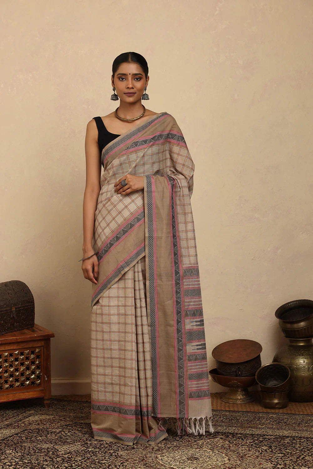 Handloom Beige Checks Kanchi Cotton Saree With Border | Shobitam