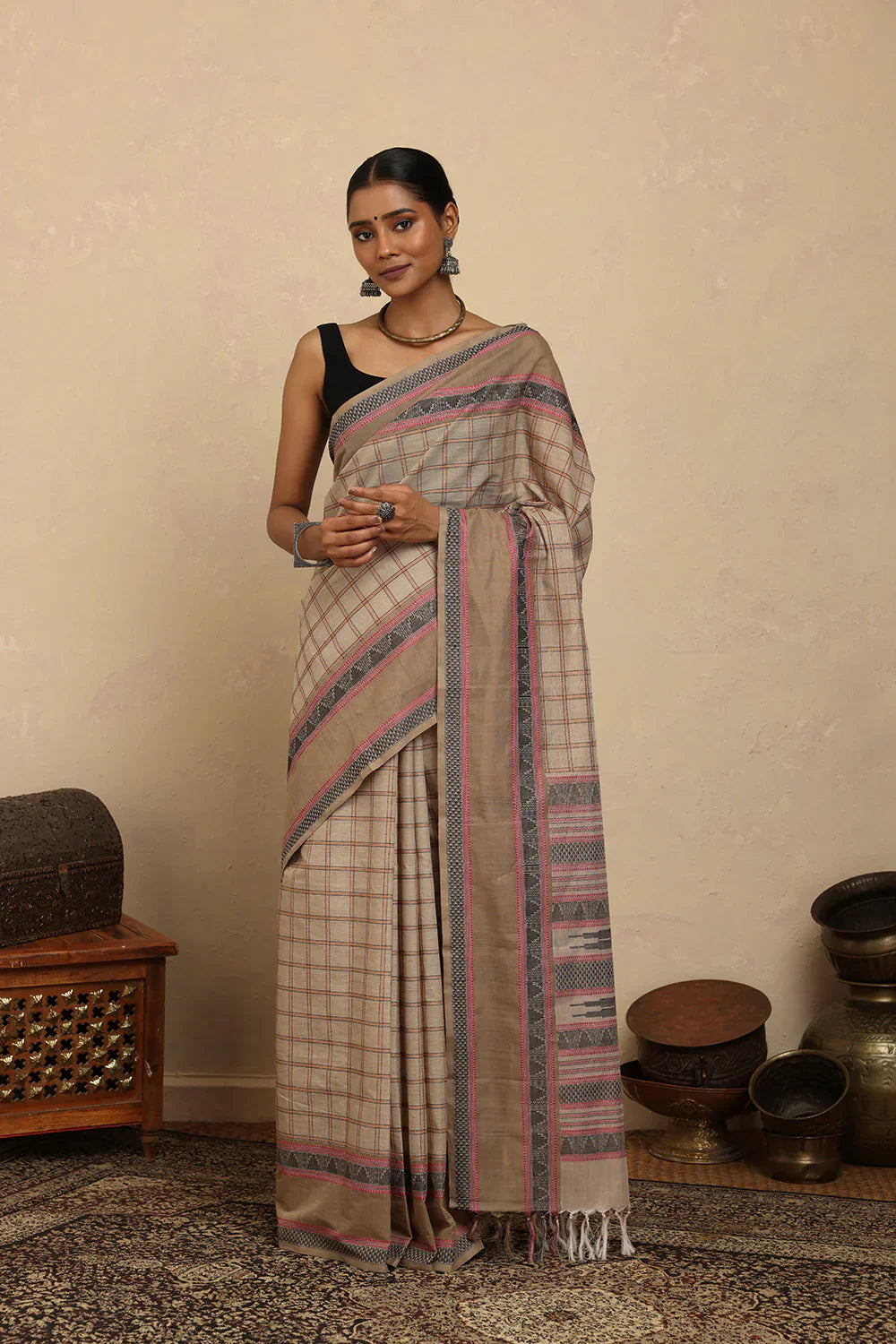 Handloom Beige Checks Kanchi Cotton Saree With Border | Shobitam