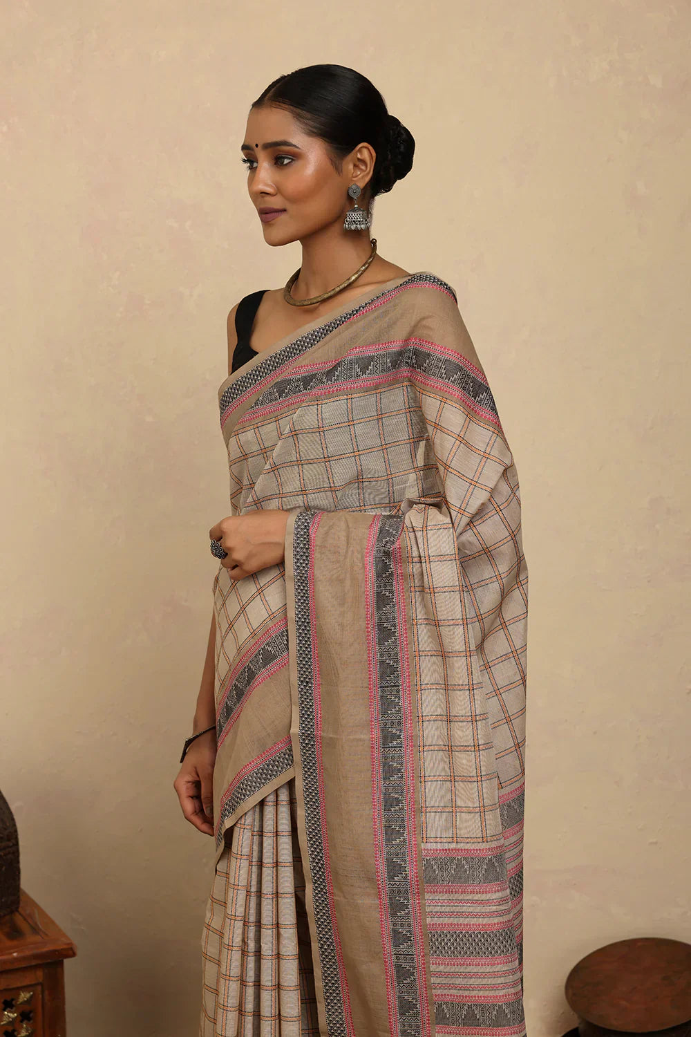 Handloom Beige Checks Kanchi Cotton Saree With Border | Shobitam