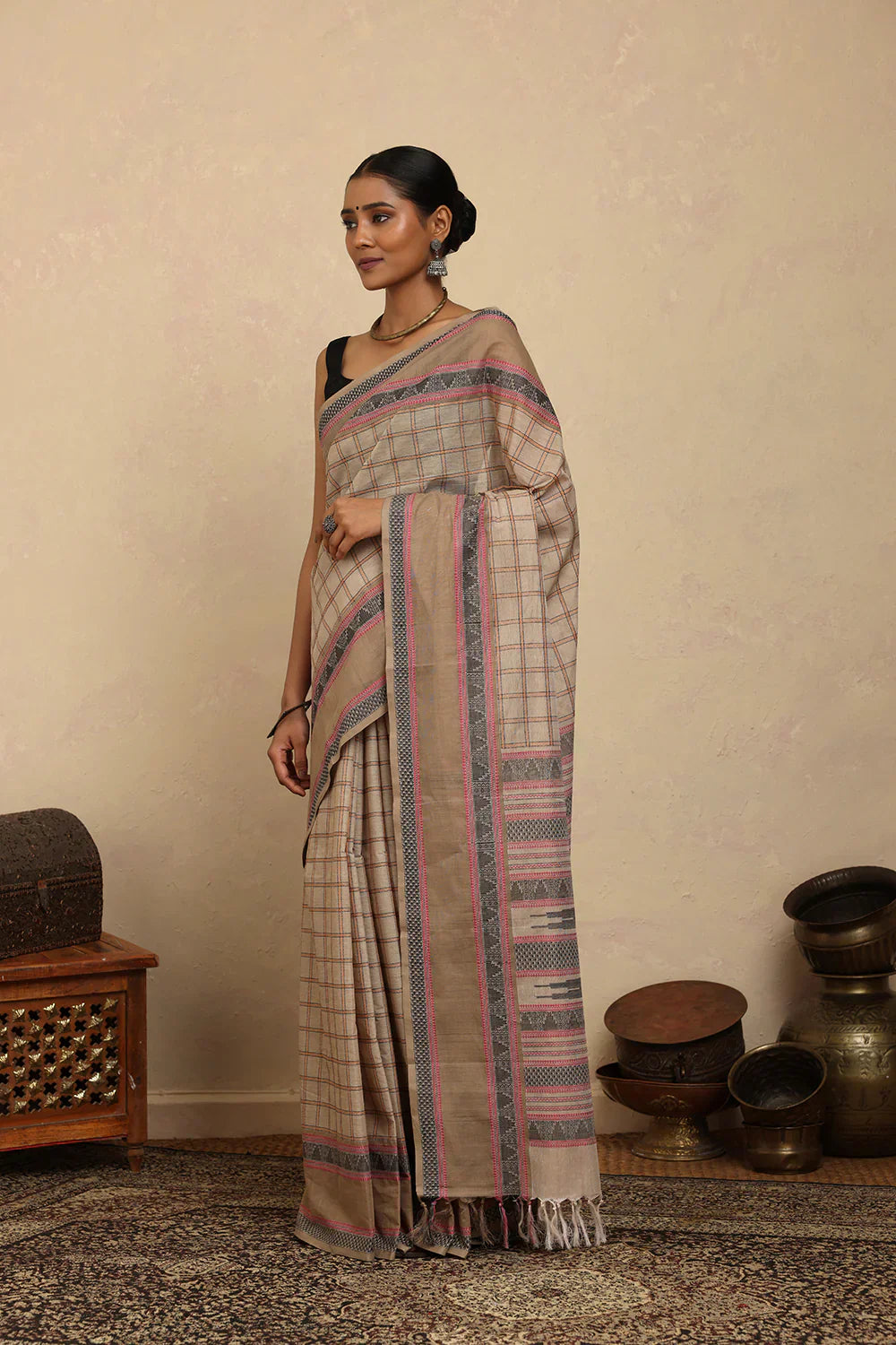 Handloom Beige Checks Kanchi Cotton Saree With Border | Shobitam